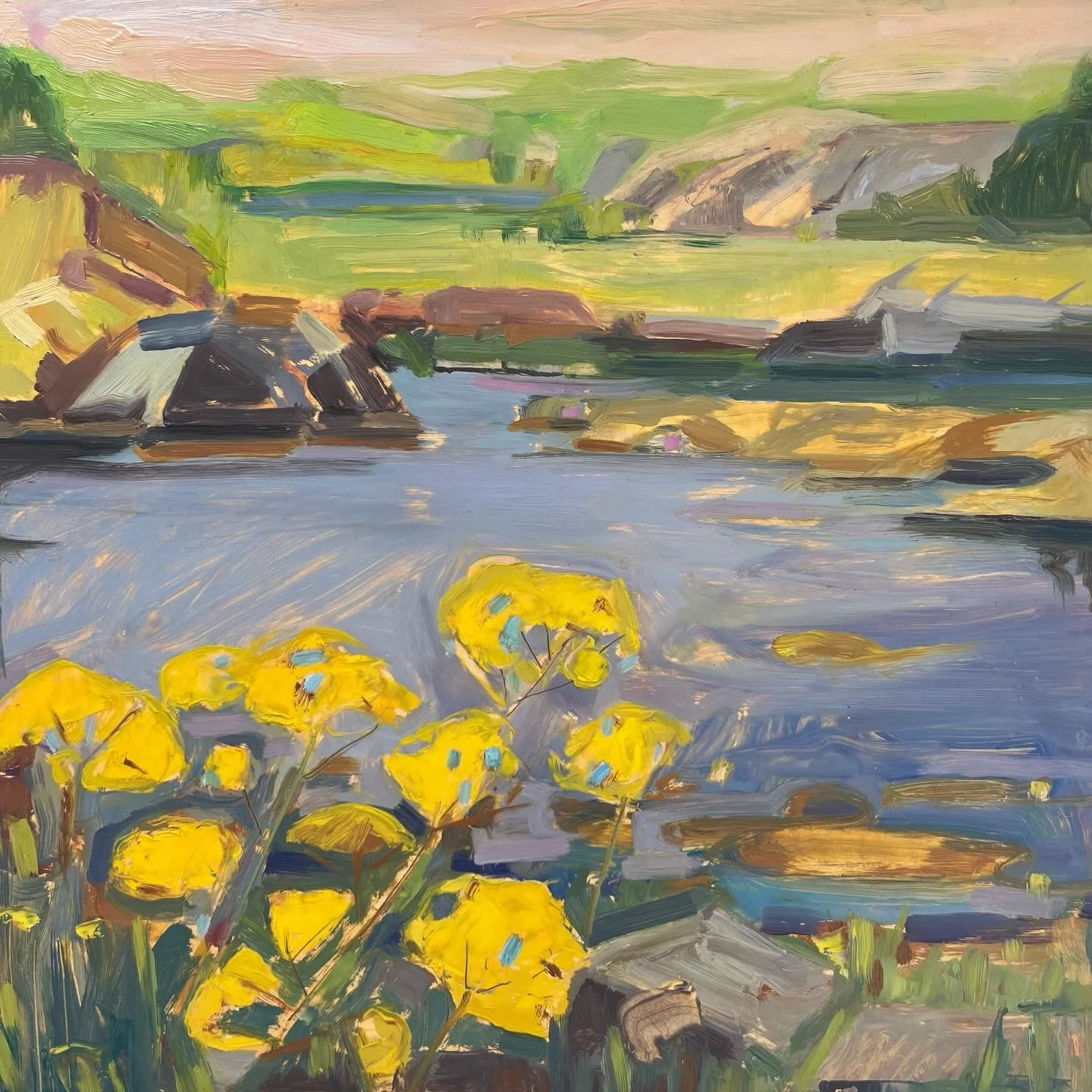 &ldquo;Yarrow,&rdquo; a 16in x 16in oil on panel mounted on board, is one of the latest paintings to arrive from @louschellenberg. We&rsquo;ve been especially fortunate this spring to receive two deliveries from Lou in person here in Maine, which has