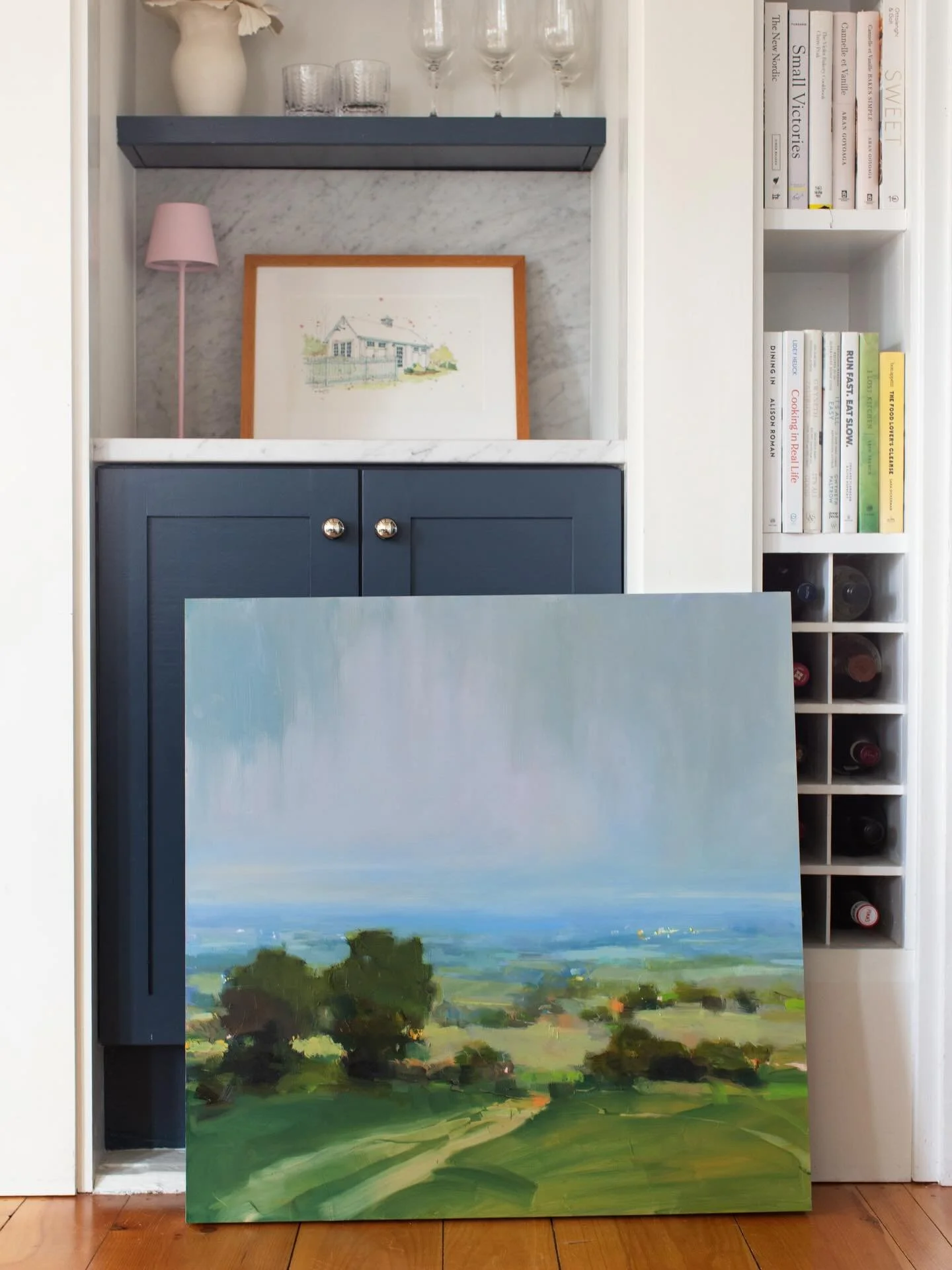 Swipe through for views of @juliajensenstudio&rsquo;s &ldquo;Always Changing,&rdquo; a 30in x 30in oil on panel. The subtle drama of the sky and the luminous light Julia has captured in this painting are even more powerful in person. 

Message me to 