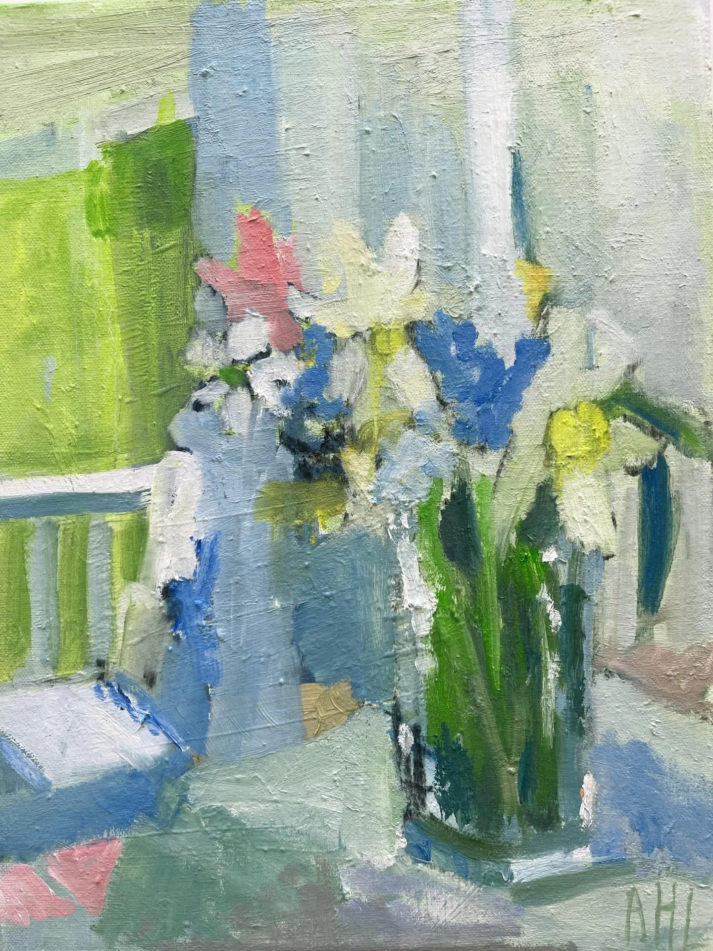 Swipe through for more views of @arianeluckey&rsquo;s 16in x 12in &ldquo;Peace Flowers,&rdquo; one of four new florals from her studio to arrive this spring! There&rsquo;s a quiet energy to this painting that I love, but it&rsquo;s the scraped layers