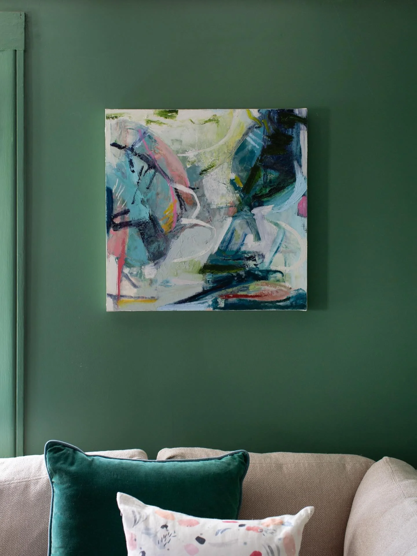 Swipe through for more in-situ views of @kathysolesartist&rsquo;s 24in x 24in &ldquo;Submerged.&rdquo; Different settings bring out different colors and textures in this painting. The movement and layered marks in Kathy&rsquo;s immersive work are bes