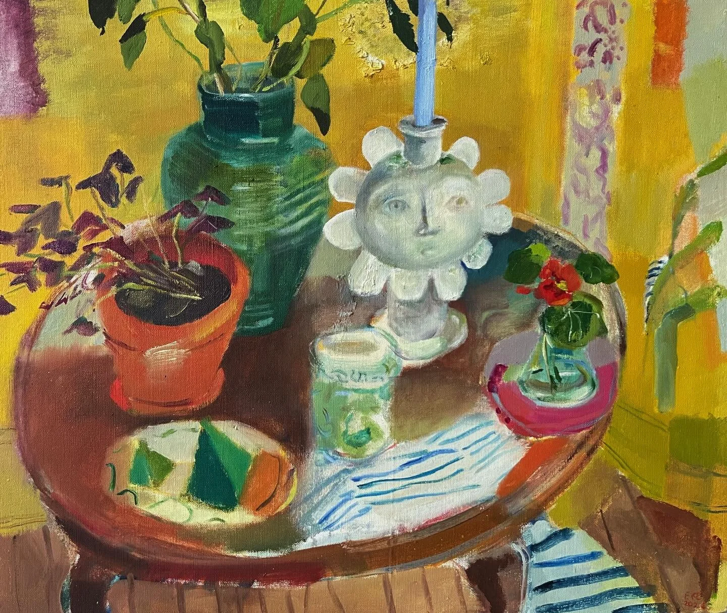 Elizabeth Endres&rsquo;s &ldquo;Collector&rsquo;s Table&rdquo; is one of those paintings that truly lights up a room. This 20in x 24in oil on linen depicts a collection of objects that feels at once carefully composed and delightfully spontaneous. Sw