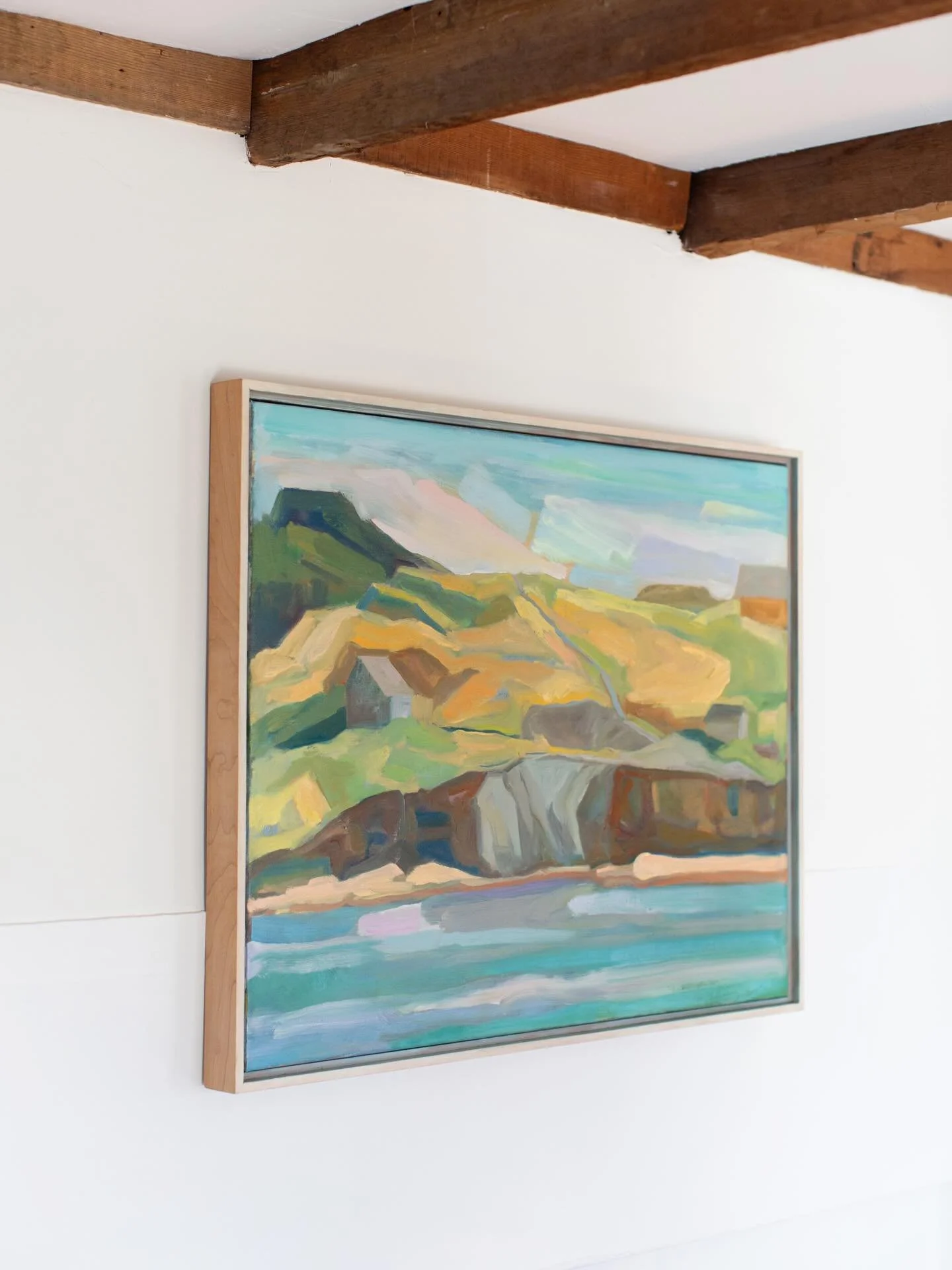 Swipe through to see more views of @louschellenberg&rsquo;s &ldquo;The Path We Took,&rdquo; a framed 24in x 30in oil on linen. We are grateful to have 13 of Lou&rsquo;s thoughtful landscapes here on our walls in Maine. Shop them all on our website or