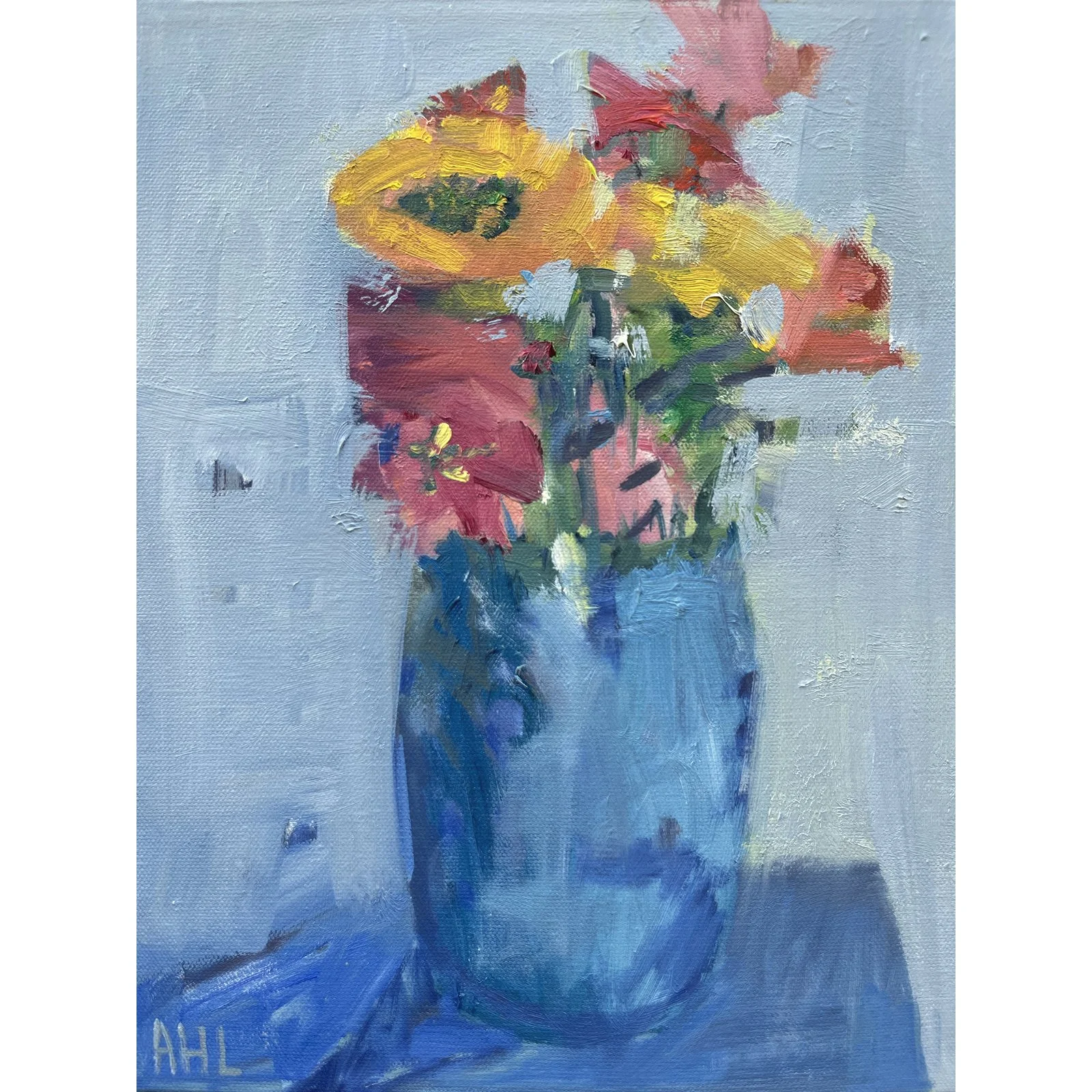 Zinnias in Blue Vase