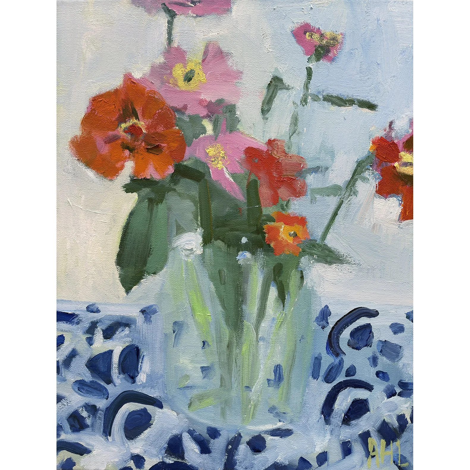 Zinnias and Blue & White