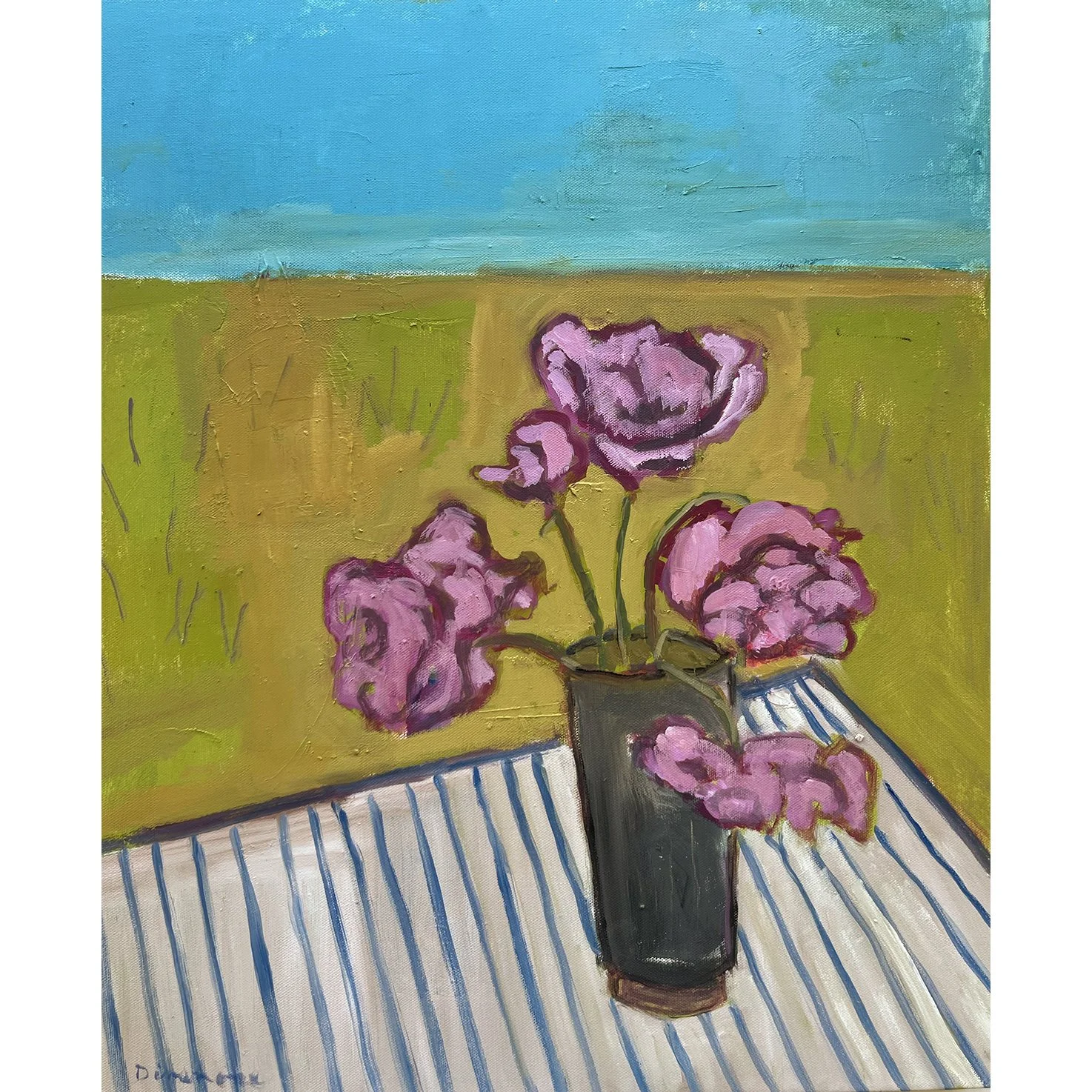 Peonies on Blue Stripes