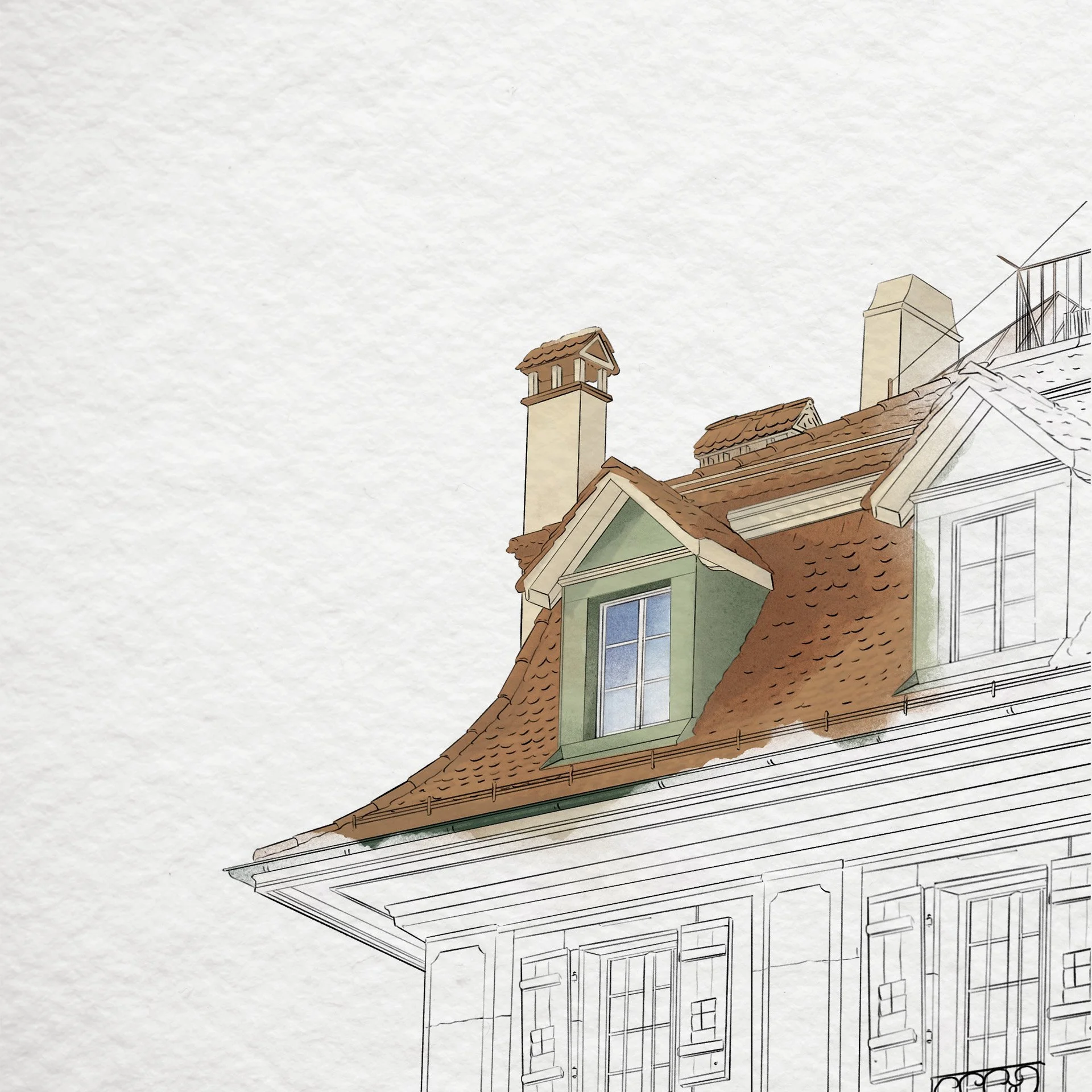 An illustrated house with a brown shingled roof, chimney, and green dormer window, partially drawn with some architectural lines and details.