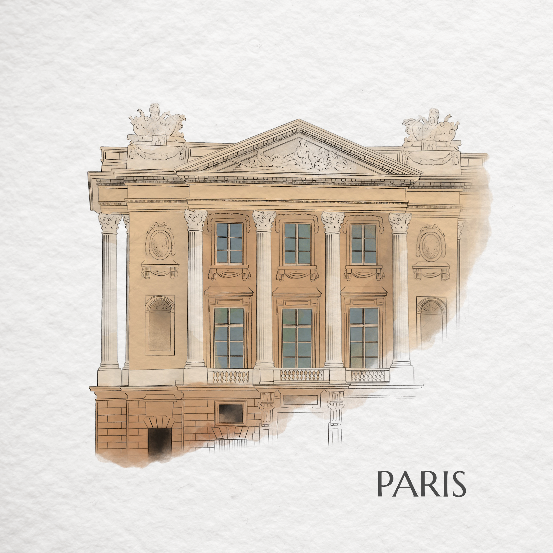 A detailed illustration of a classical European building in Paris with columns and ornate decorations.