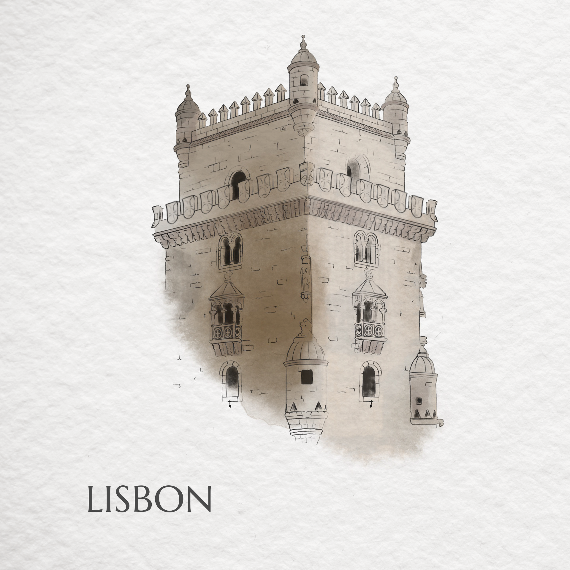 Illustration of the historic Belém Tower in Lisbon, Portugal, with a watercolor background.