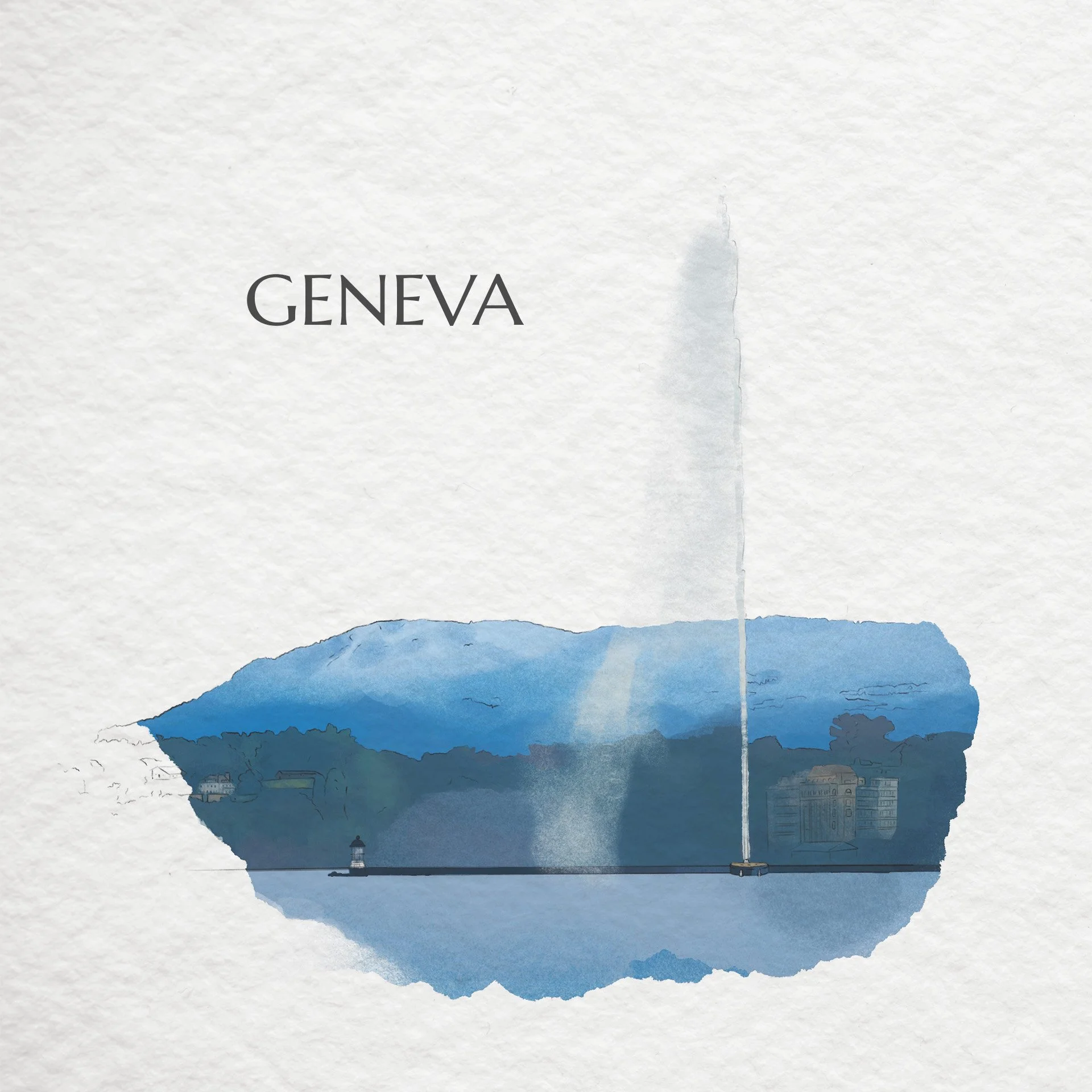 Watercolor illustration of Geneva, with mountains, a the jet-eau, and a cityscape in the background.