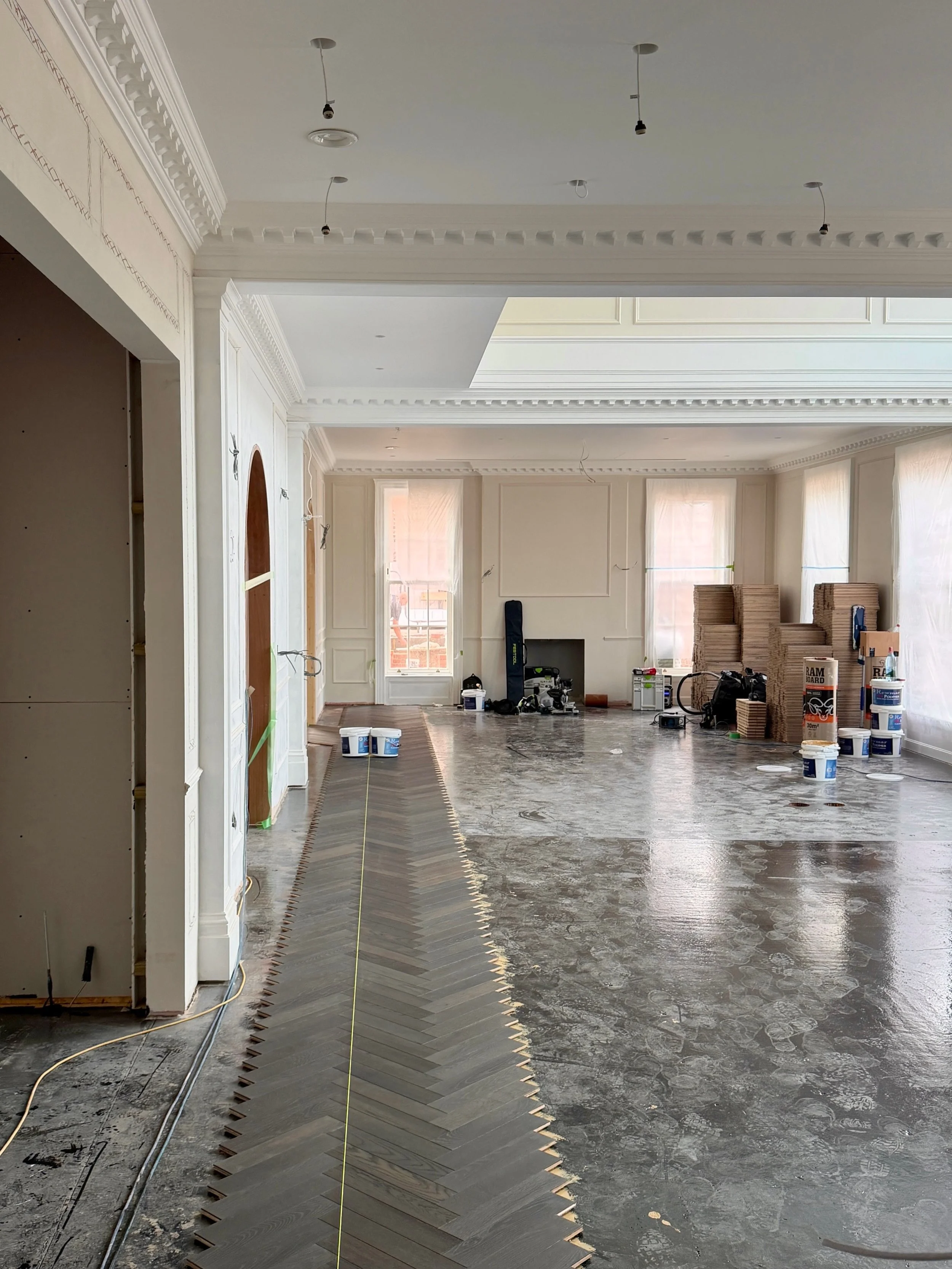 Site update from our Georgian family home in Dulwich ✨

Beautiful architectural details are finally being revealed, with the herringbone flooring now being laid. Intricate cornicing and door details, breathtaking double-height spaces and elaborate co