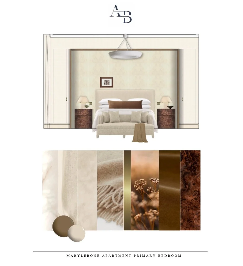 Ending the week on a high with a glimpse of one of our latest bedroom designs.

The primary bedroom headboard elevation for our Marylebone project features a beautifully curved, textured headboard wall, sculptural alabaster table lamps and exotic tim