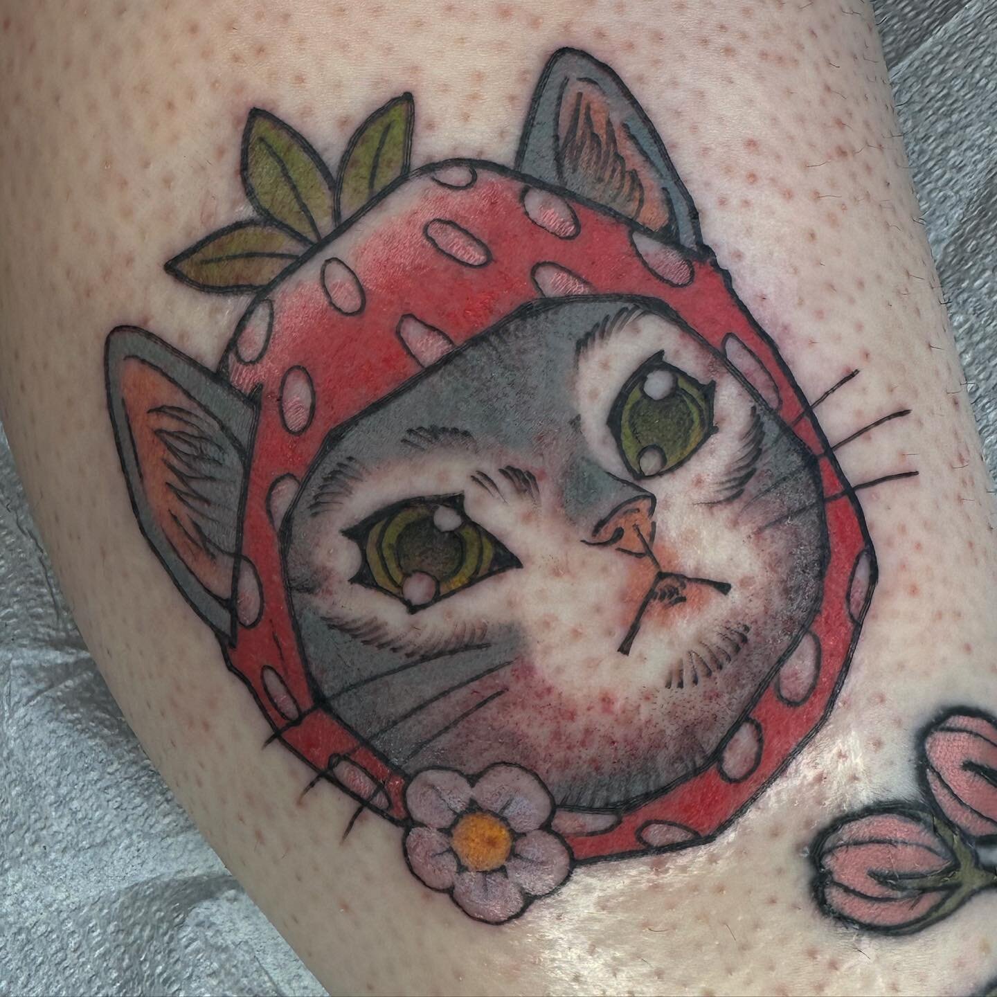 Cat 🐈&zwj;⬛ in a 🍓 hat 🎩  done @highlandparktattooco 
♧ for appointments email ameliarosetattoo@gmail ♧