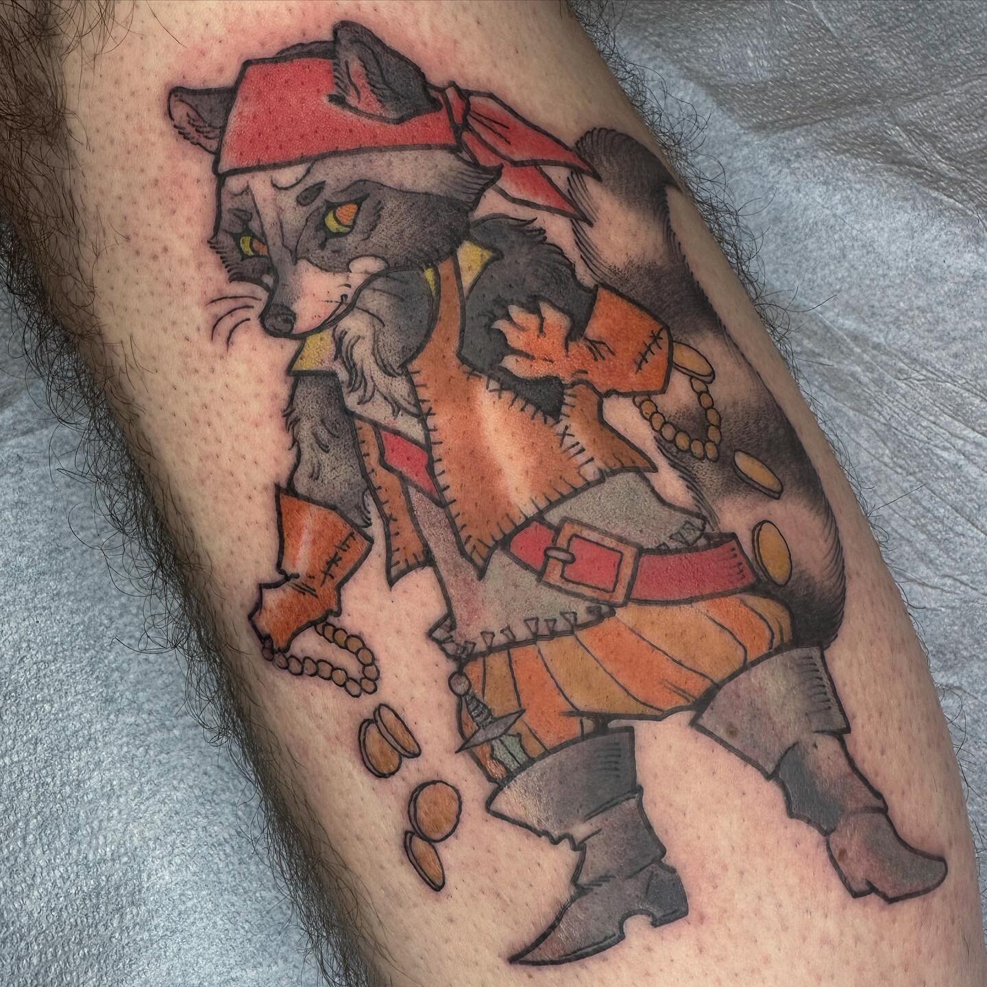 A custom Roguish raccoon for JP! 
 ♧ For appointments email ameliarosetattoo@gmail ♧