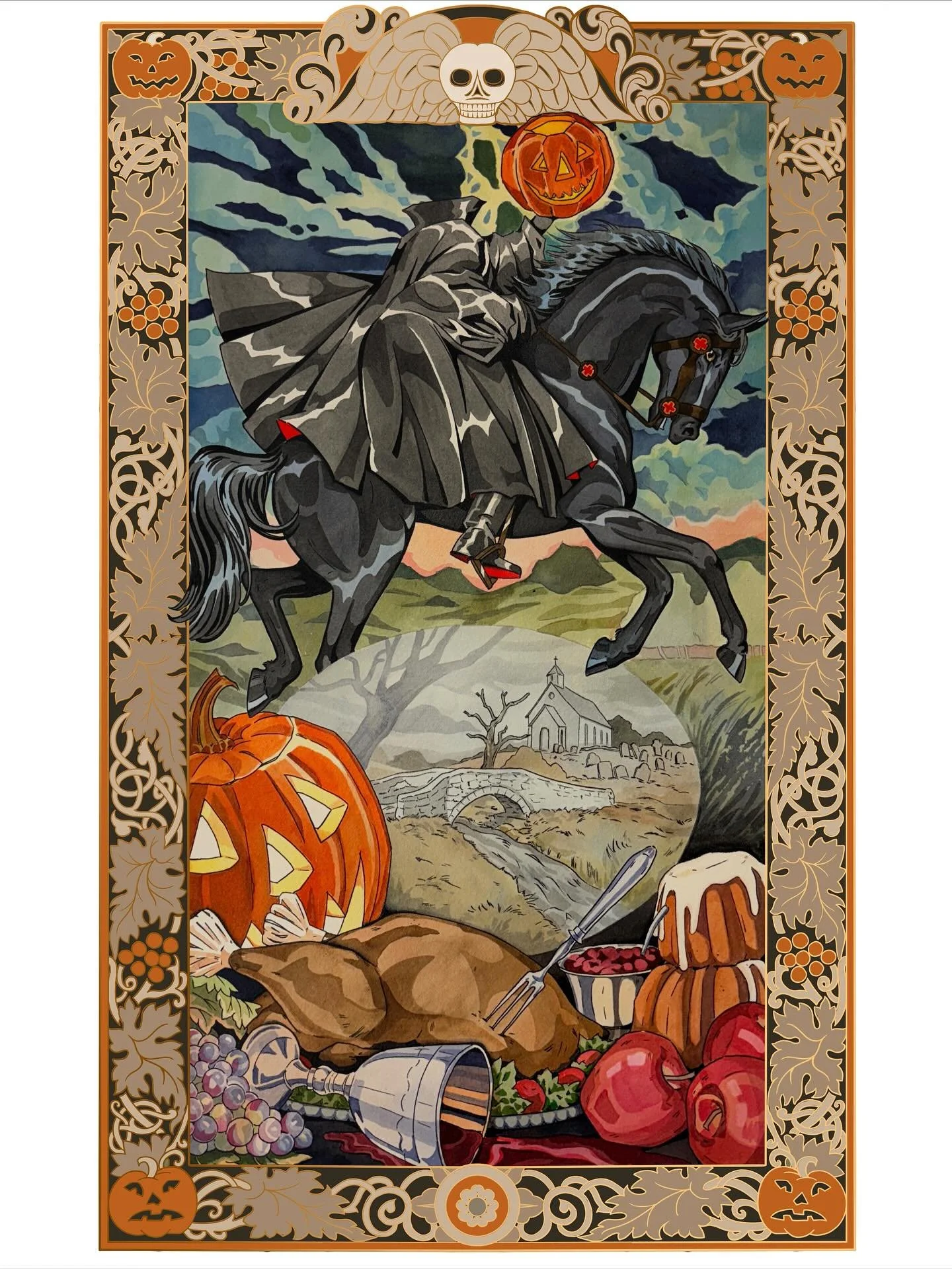 Finished up this #legendofsleepyhollow illustration this week! Just in time for spooky season 🍂 
Rohrer &amp; Klingner colored inks on arches watercolor paper.