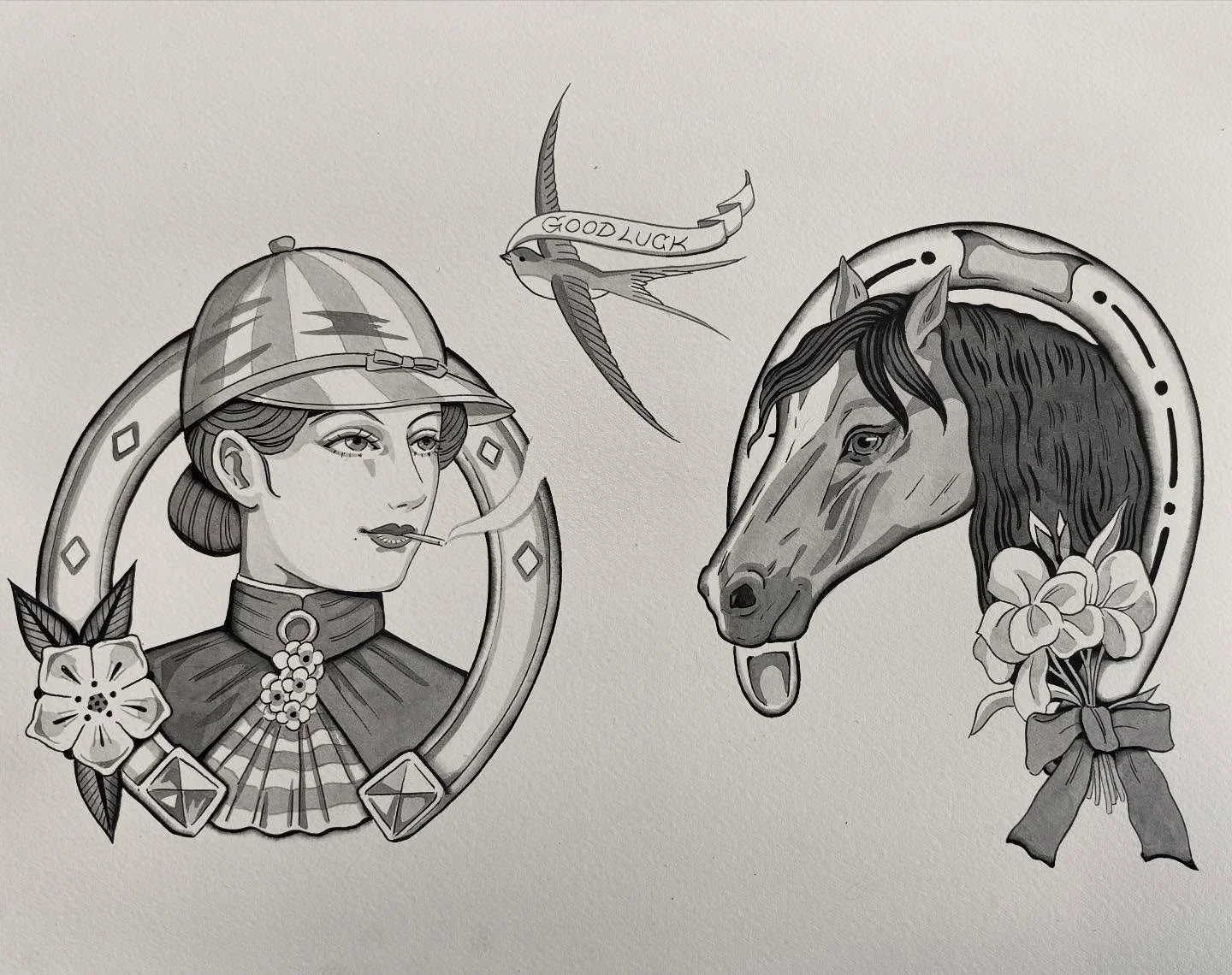 Good luck 🍀 new flash available 
 ♧ For appointments email ameliarosetattoo@gmail ♧ 

#Losangelestattoo #whimsicaltattoo #storybookillustration #tattooartist #tattoodesign #blackandgreytattoo #flashtattoo #flashdesigns