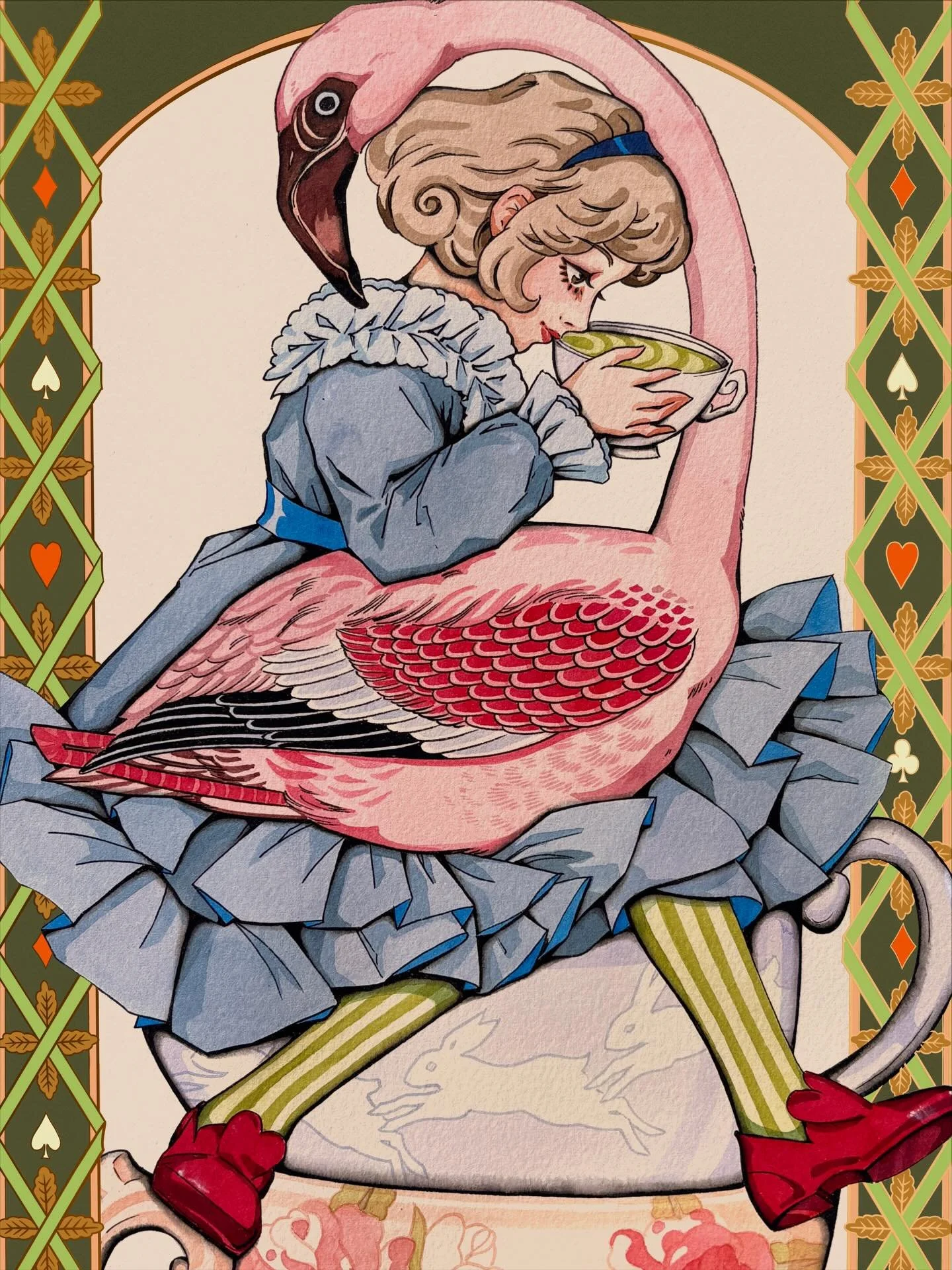 New hand painted Alice in wonderland themed illustration finished! 🍀 digital border - colored calligraphy ink on arches watercolor paper