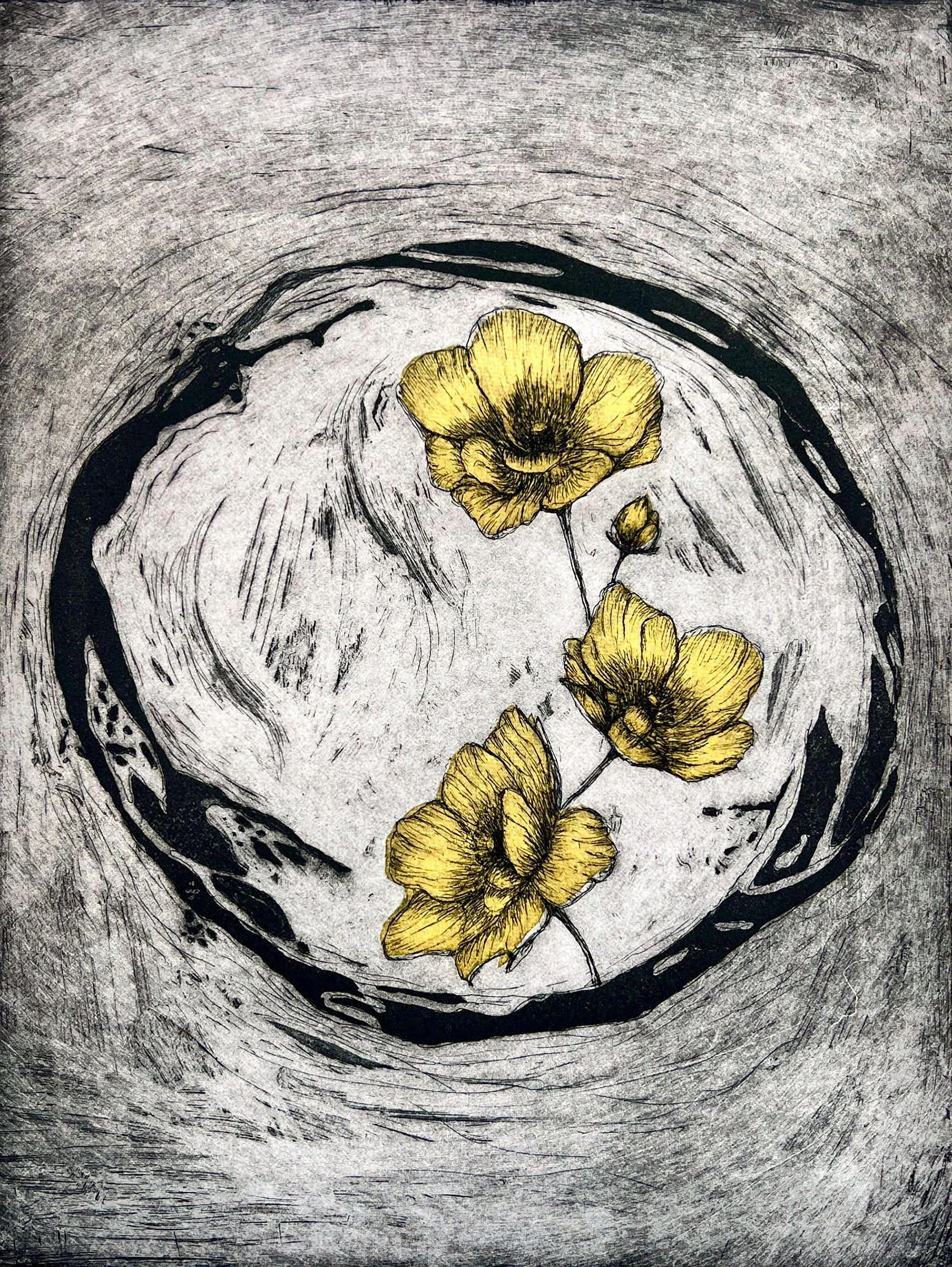 Bloom Within the Drop, 11 "x 14", Etching with Aquatint and Chine-Collé, 2026