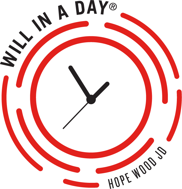 A clock with red concentric circles and the text "Will in a Day" at the top and "Hope Wood Co" at the bottom.