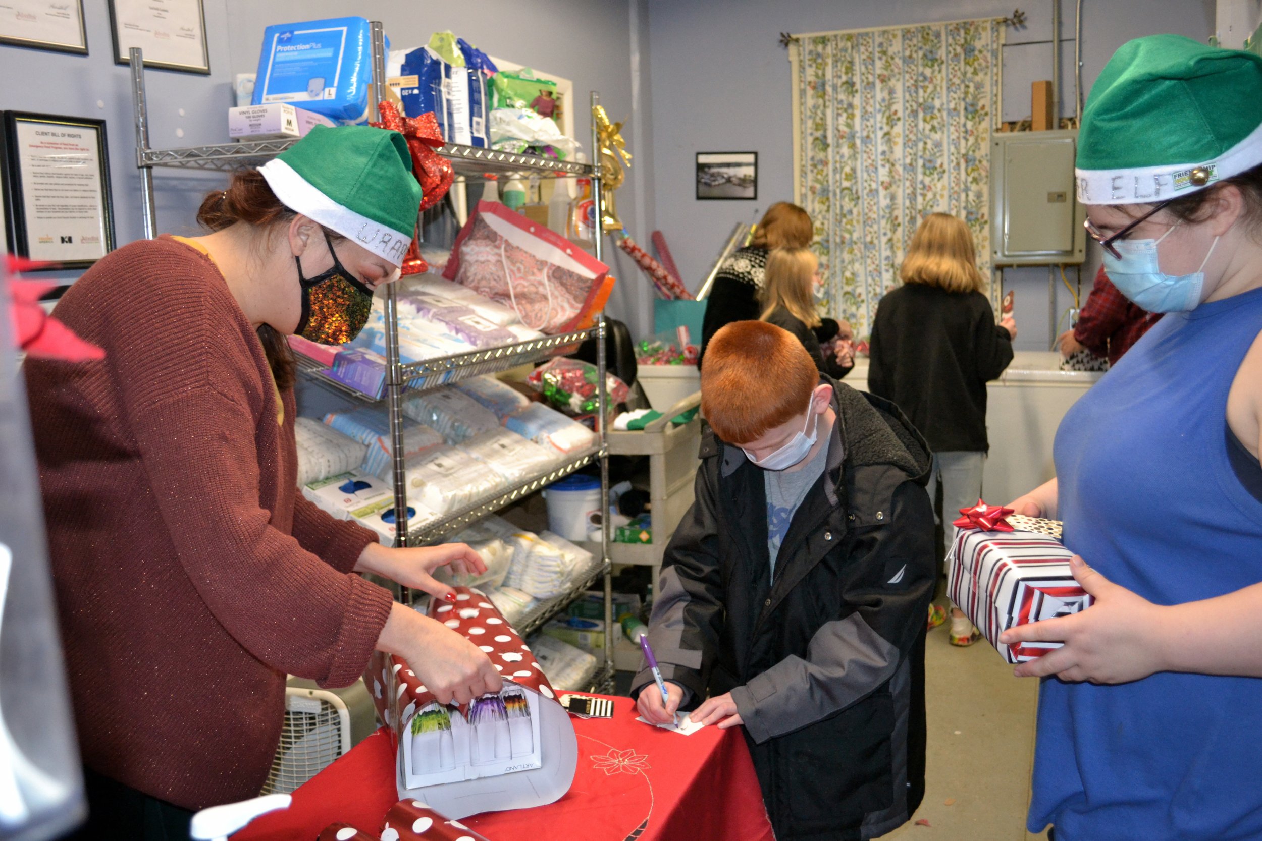 Everyone helped wrap.