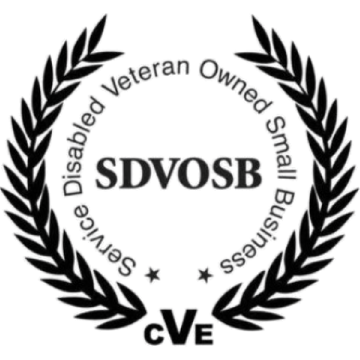Black and white emblem with a laurel wreath around the text 'Disabed Veteran Owned Small Business' and the acronym 'SDVOSB' in the center, with 'cV E' at the bottom.
