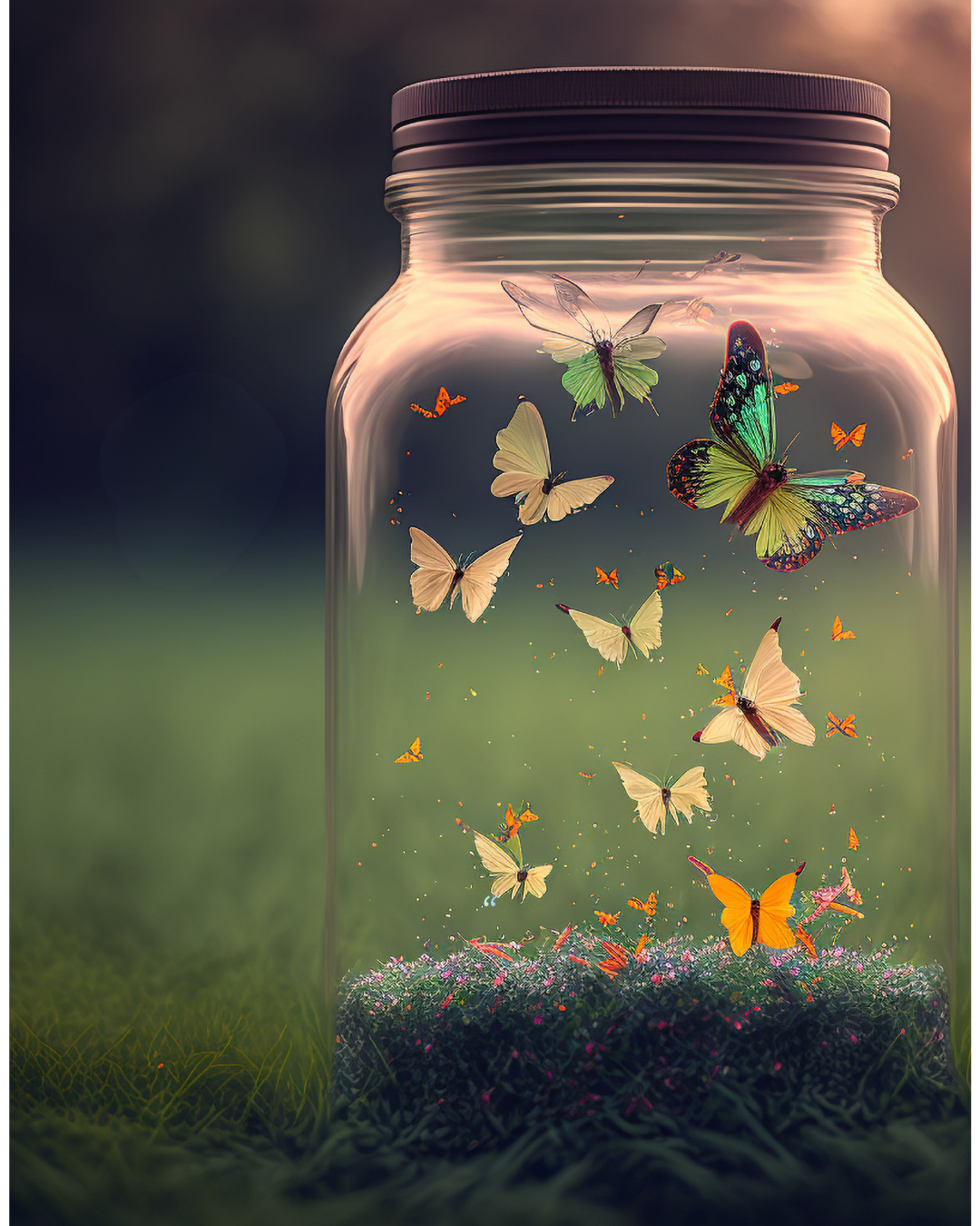 Colorful butterflies inside a glass jar, floating above a mossy base, with a blurred outdoor background.