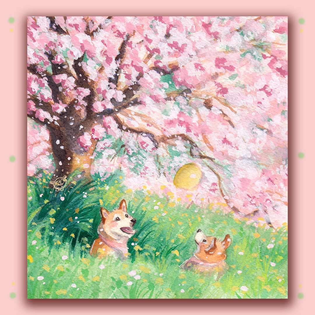 Hey guys and welcome back to a new post!!🌸🐕

The scan of my latest spring painting! Would wish I could join these adorable doggoes. 

Also, if you would like to buy this as an art print, you most definitietly can!😊 Just click the link in my bio to