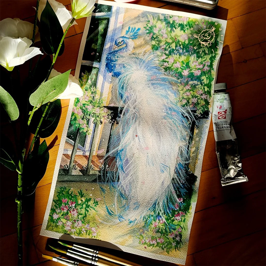 Hey guys and welcome back to a new post!!🦚🌸

A white and blue peacock! This painting is really big, it's slightly slimmer than A3 and I've always wanted to paint another peacock but make it a different colour. I found photos of really beautiful pea