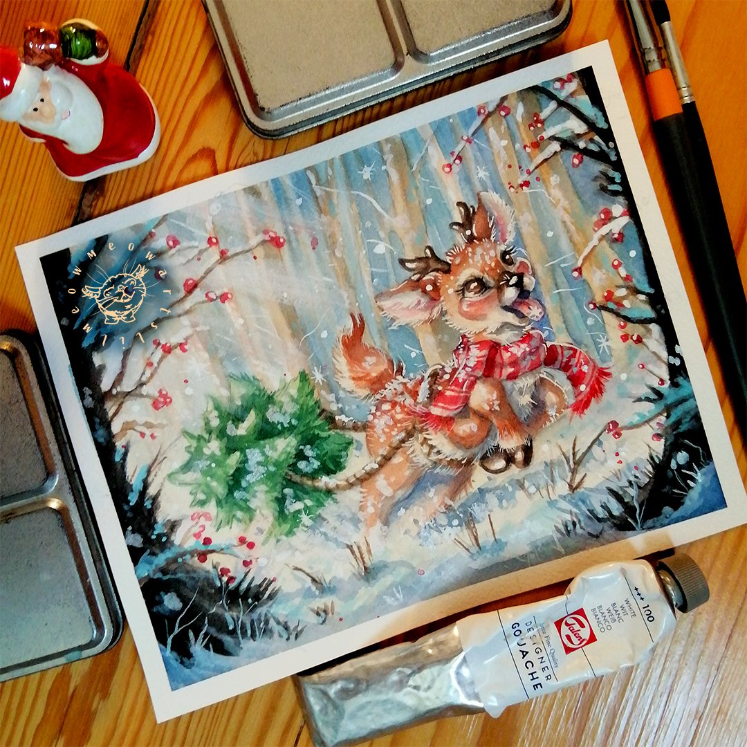 Hey guys and welcome back to a new post!!🦌⛄

Baby deer is in a hurry! He needs the Christmas tree to be set up in time for Christmas Eve. Will you help him?❤️

This painting is a medium sized painting made with watercolour and gouache. 

How is ever