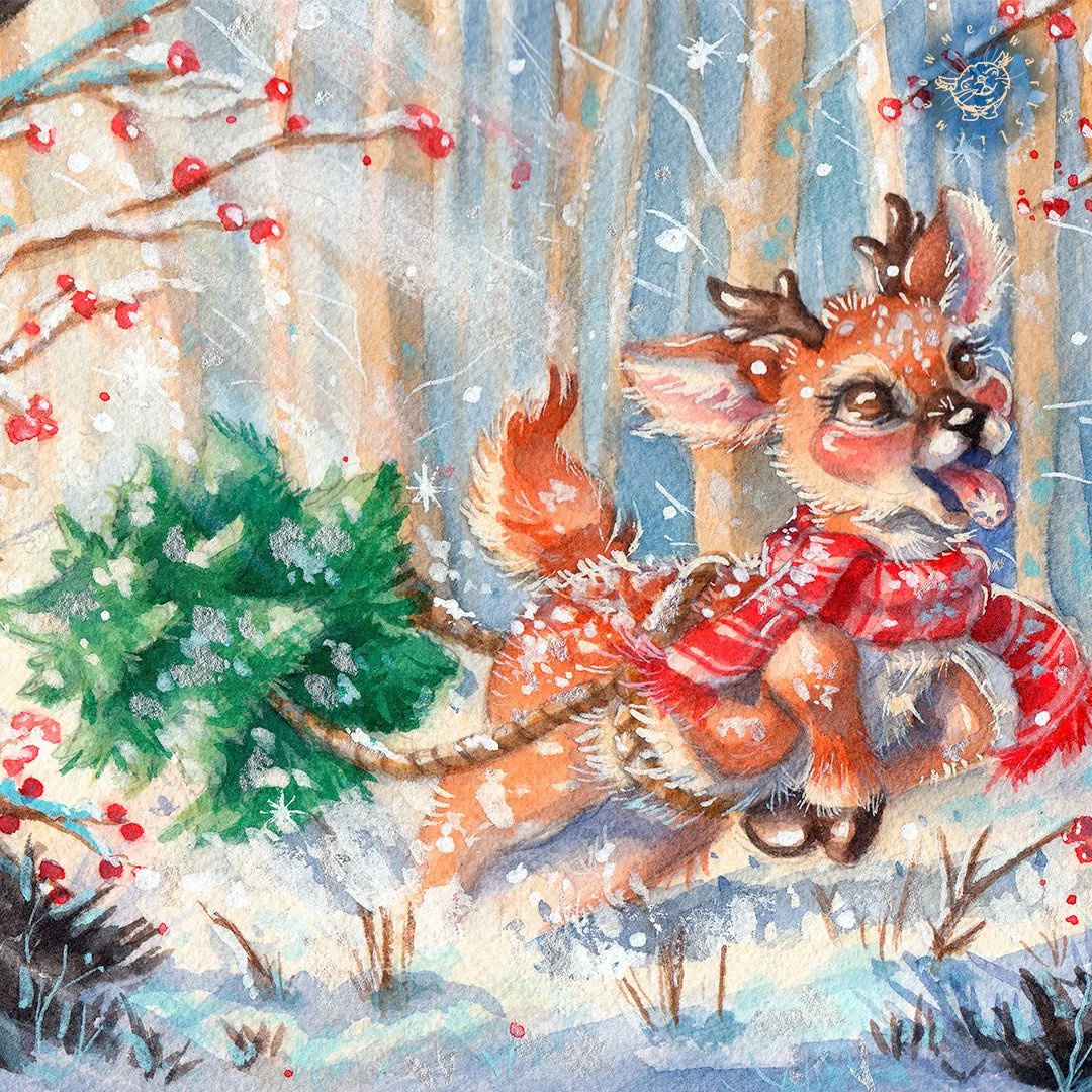 Hey guys and welcome back to a new post!!🦌⛄

The scan of the baby deer painting running home with his tree! I've been sitting with this painting for months and never posted it lol and since it's now Christmas it feels like the perfect time to do so❤
