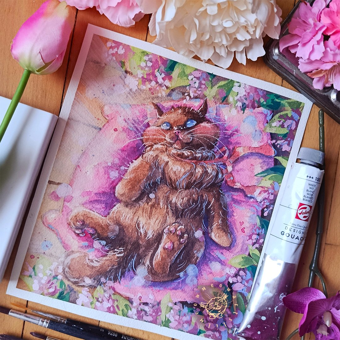 Hey guys and welcome back to a new post!!🐈🌺

Time for some sunshine! I'm excited to see things bloom and the sun coming out more often. I love brown cats so I wanted to paint this one, kitten is enjoying flowers and sunshine on his soft pillow🌷🌿
