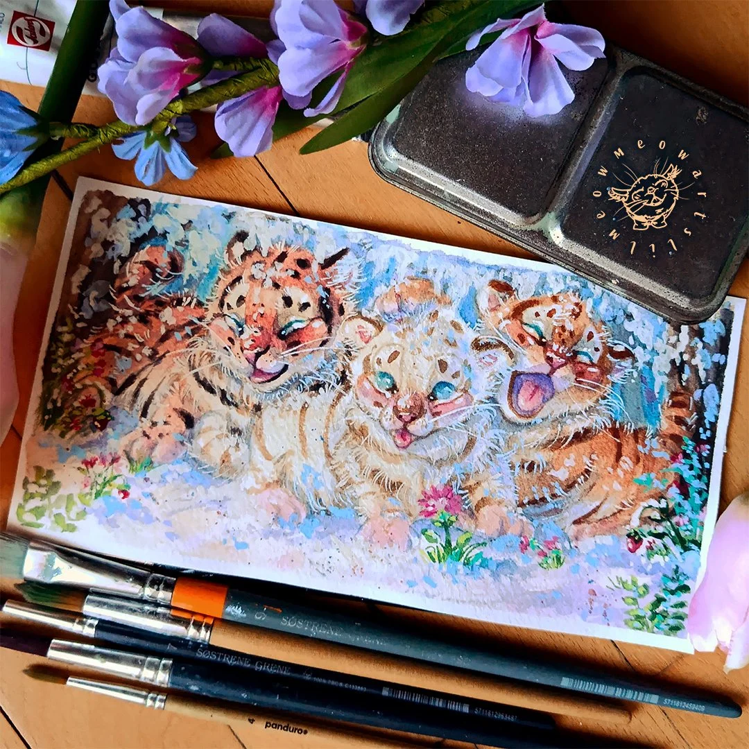 Hey guys and welcome back to a new post!!🐅🌺

I drew these guys some months back but have finally gotten to painting it! I adore these little babies❤️I painted them three different coat colours. The scenery is covered in snow but with hints of sprin