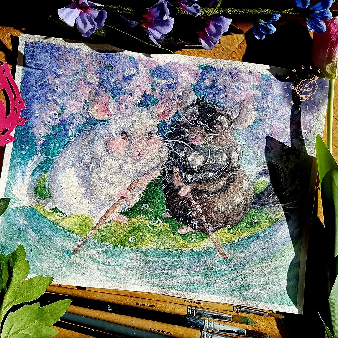 Hey guys and welcome back to a new post!!🌷🌿

Two Chinchillas crossing a river on a leaf boat!🍃I absolutely adore Chinchillas, they're one of my favourite animals. This painting is a little bigger than A4 size. 

Have a lovely day and stay safe and