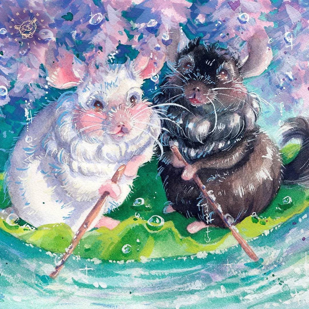 Hey guys and welcome back to a new post!!🌷🌿

This is the scan of my Chinchillas on a leaf boat painting! Would you like to join them on their journey? What magical place do you think they're going to?🌿

If you would like to buy these fluffy cuties