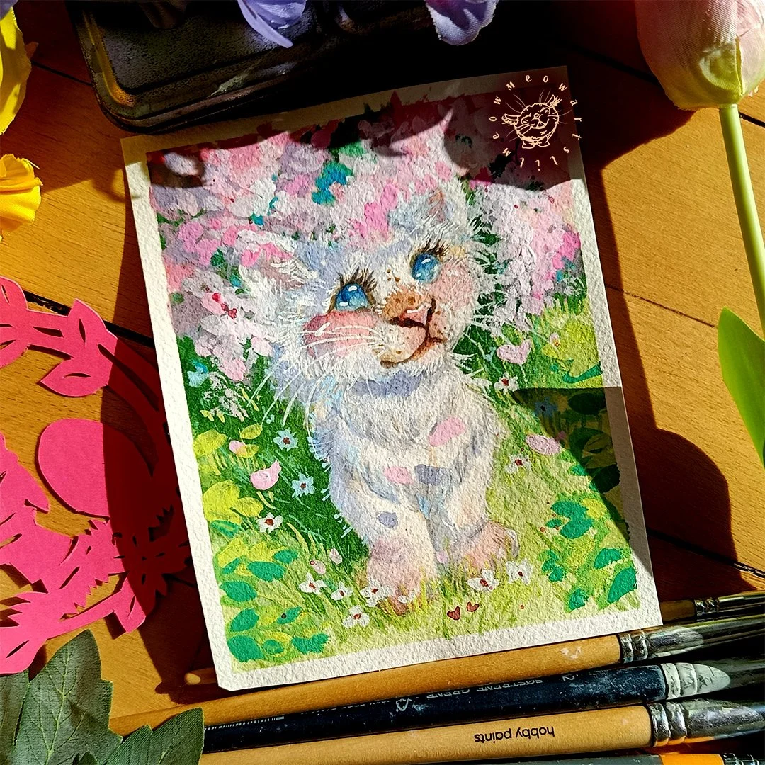 Hey guys and welcome back to a new post!!🦁🌸

A white baby lion admiring the cherry blossoms blooming beautifully! This is a small watercolour and gouache painting I made alongside the corgi painting I posted not long ago. Cherry blossoms are my fav
