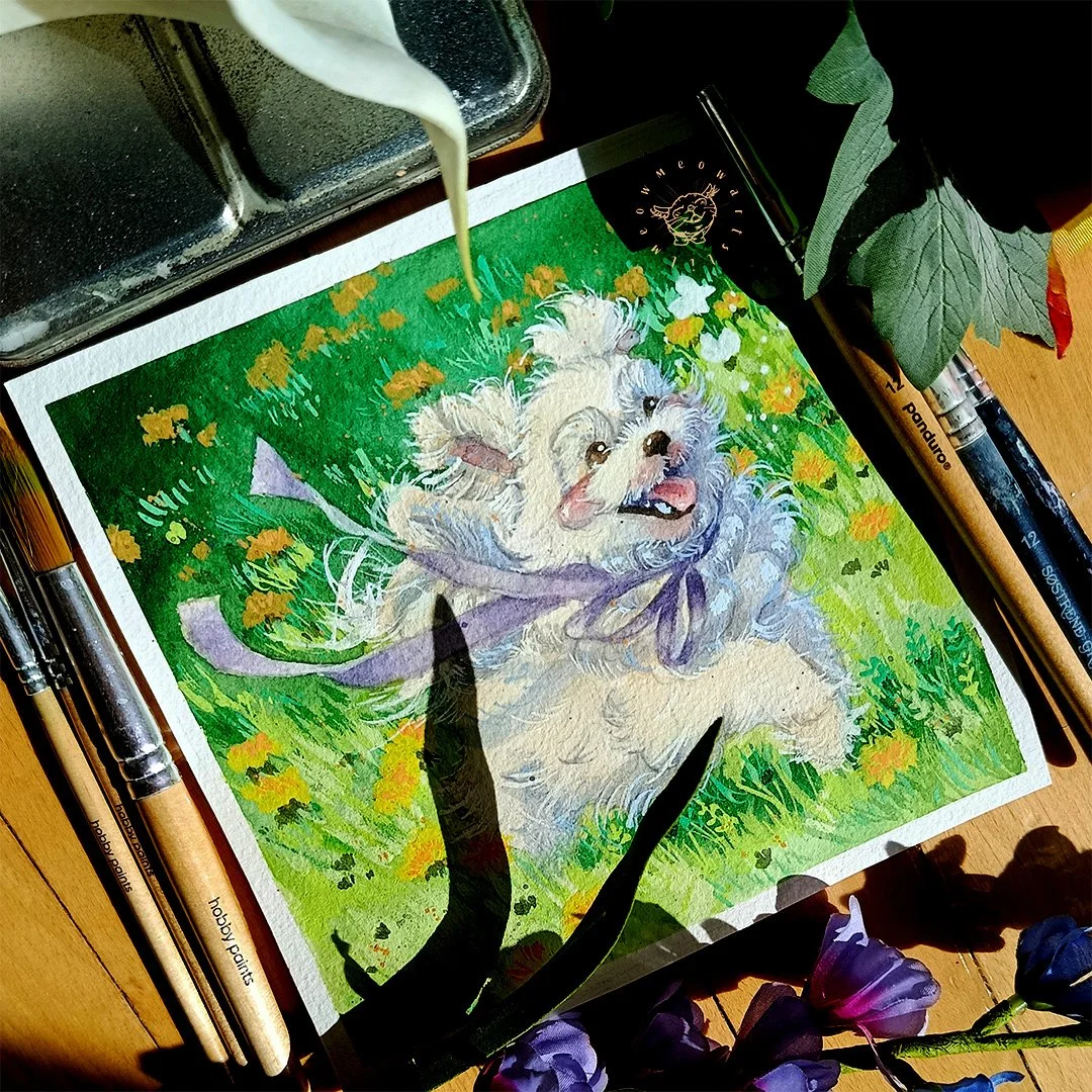 Hey guys and welcome back to a new post!!🐕🌻

I painted this cute Maltese trying to catch butterflies! This painting gives me such summer vibes, those days when it's very hot and the sun is high in the sky. It also makes me think of Yeosang from Ate