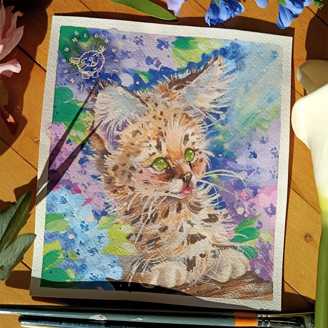 Hey guys and welcome back to a new post!!🌺🌿

I absolutely adore Servals but I only ever painted one a few years ago as a part of a bigger painting. Now I've put this little fluffy cutie on paper!❤️These cats are so interesting to me with their big 