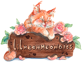 lilmeowmeowarts logo of orange maine coon kitten smiling with pink roses and wooden logo with lilmeowmeowarts on it