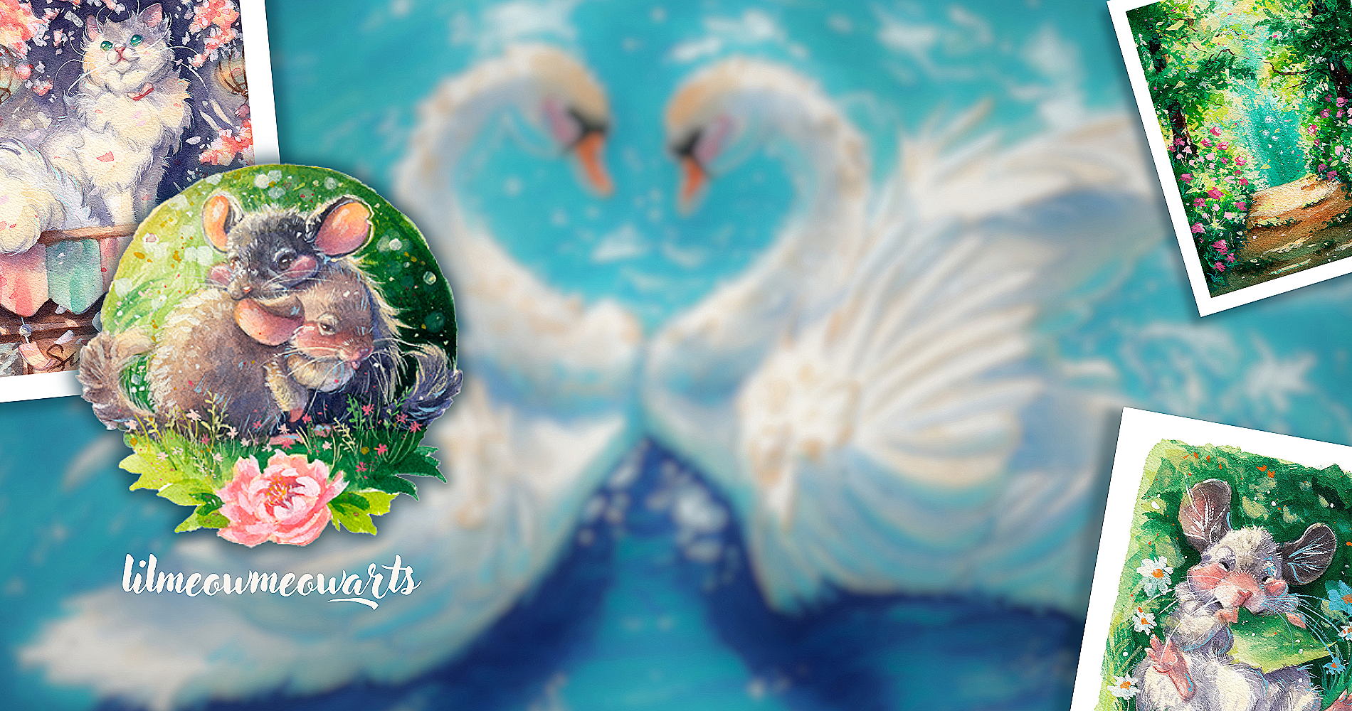 Collage of pictures, blurry swans in the background, various paintings, and chinchilla logo with "lilmeowmeowarts" underneath, button to the right where you can clik to enter INPRNT shop