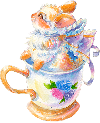 Bunny with a bow in a white elegant teacup with gold detailing and flower design