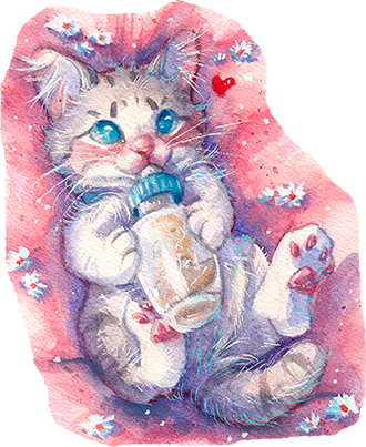 White kitten with blue eyes drinking milk from a bottle