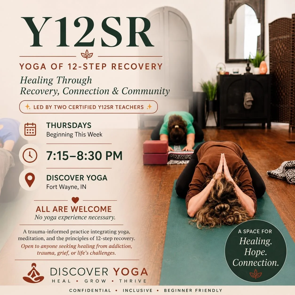 ✨ New at Discover Yoga ✨

Healing happens in community.

Beginning this Thursday, we&rsquo;re honored to offer Y12SR (Yoga of 12-Step Recovery), led by two certified Y12SR teachers.

Y12SR combines the practical tools of yoga with the wisdom of the 1