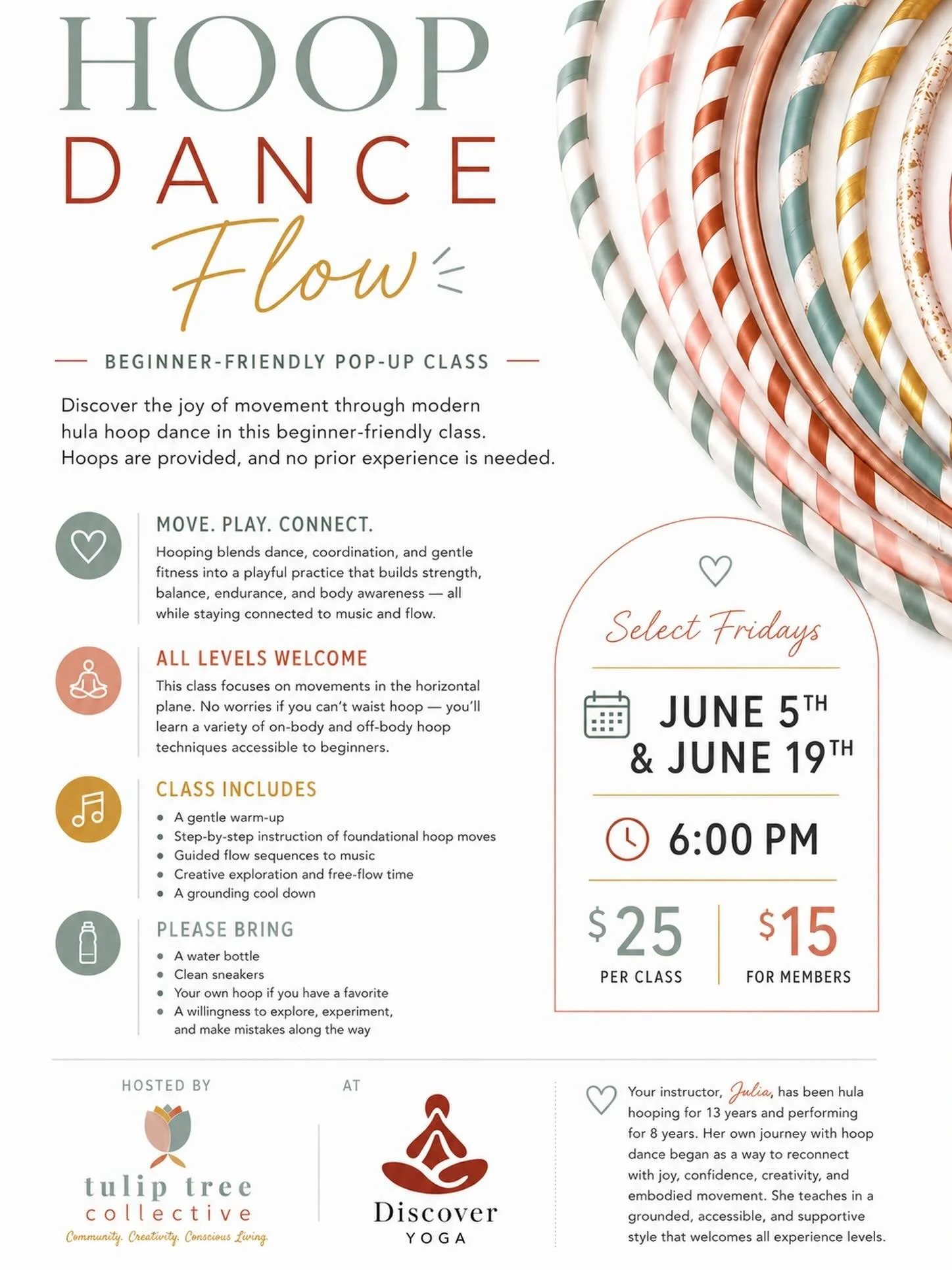 ✨ Just a few spots left for this Friday&rsquo;s Hoop Dance Flow! ✨

If you&rsquo;ve ever wanted to try hooping but thought, &ldquo;I could never do that,&rdquo; this class is for you. 💫

Julia brings a variety of hoops, including weighted beginner h
