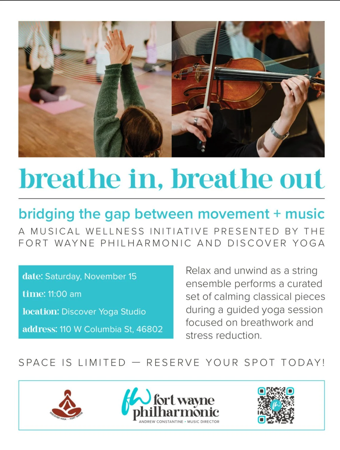 Flyer for a musical wellness event titled 'breathe in, breathe out' featuring yoga and classical music. The flyer includes images of a woman practicing yoga and another playing the violin, with details about the event date, time, location, and a QR code for more information.