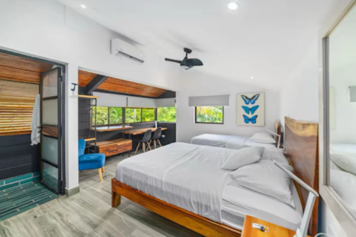 Modern bedroom with two beds, wooden furniture, a blue accent chair, and a desk with chairs, large windows showing greenery, and a butterfly artwork on the wall.