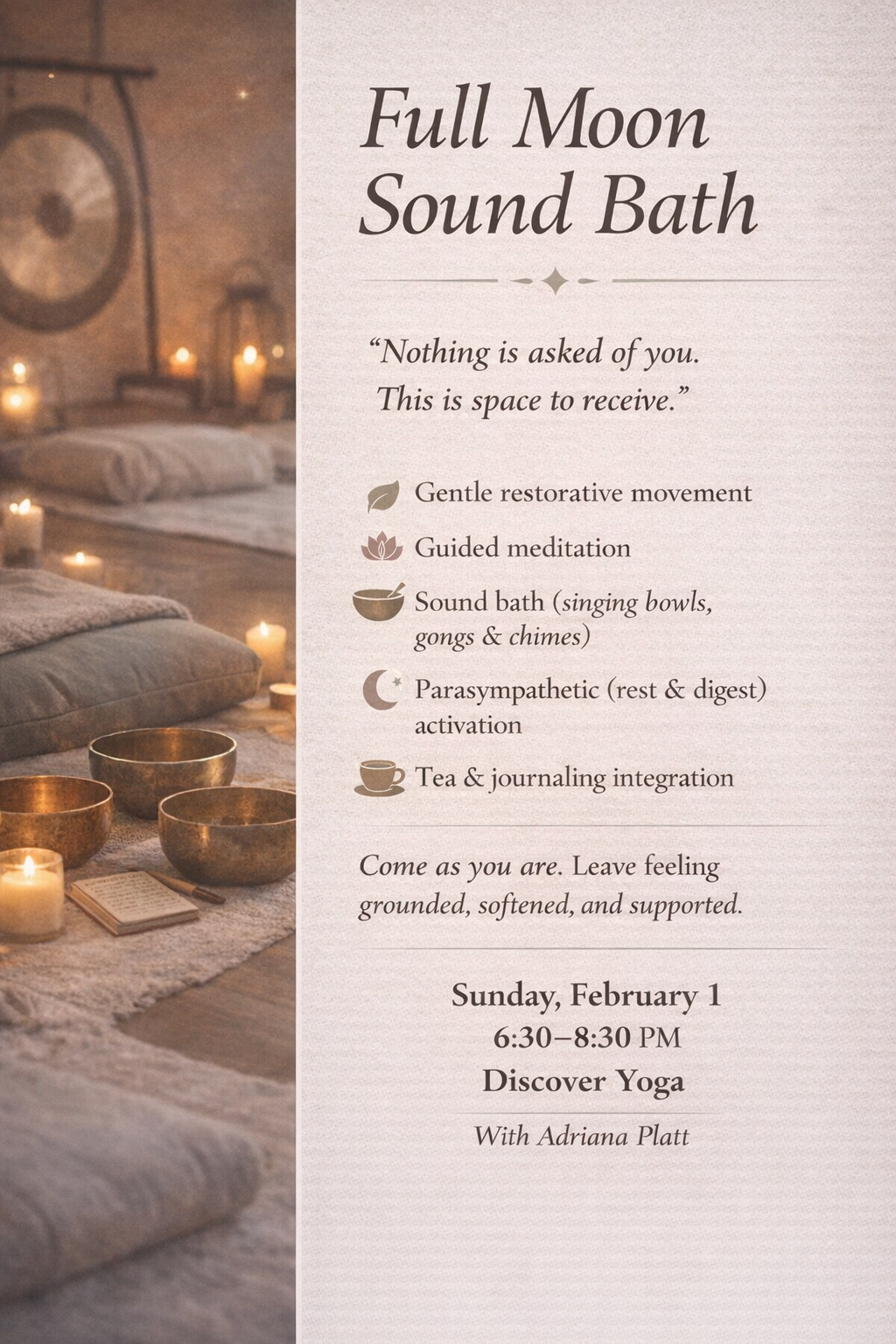 An event flyer for a Full Moon Sound Bath, featuring candles and Tibetan singing bowls, with session details and a calming, warm aesthetic.