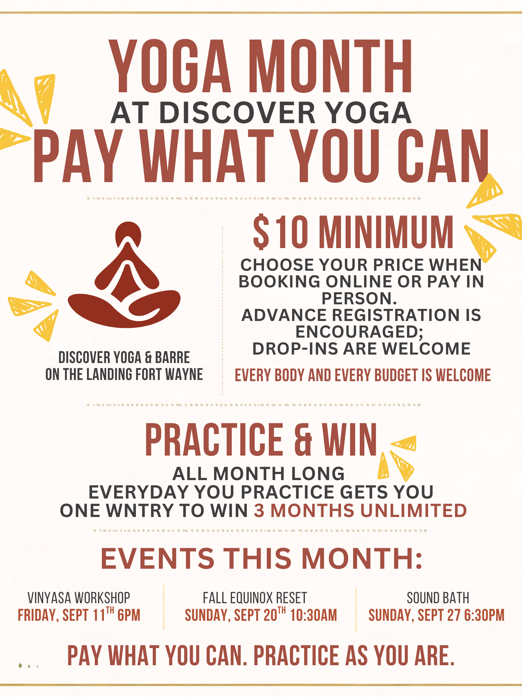 Announcement for Yoga Month at Discover Yoga featuring special events, workshops, and practices with dates and times listed, emphasizing pay what you can and practice as you are.