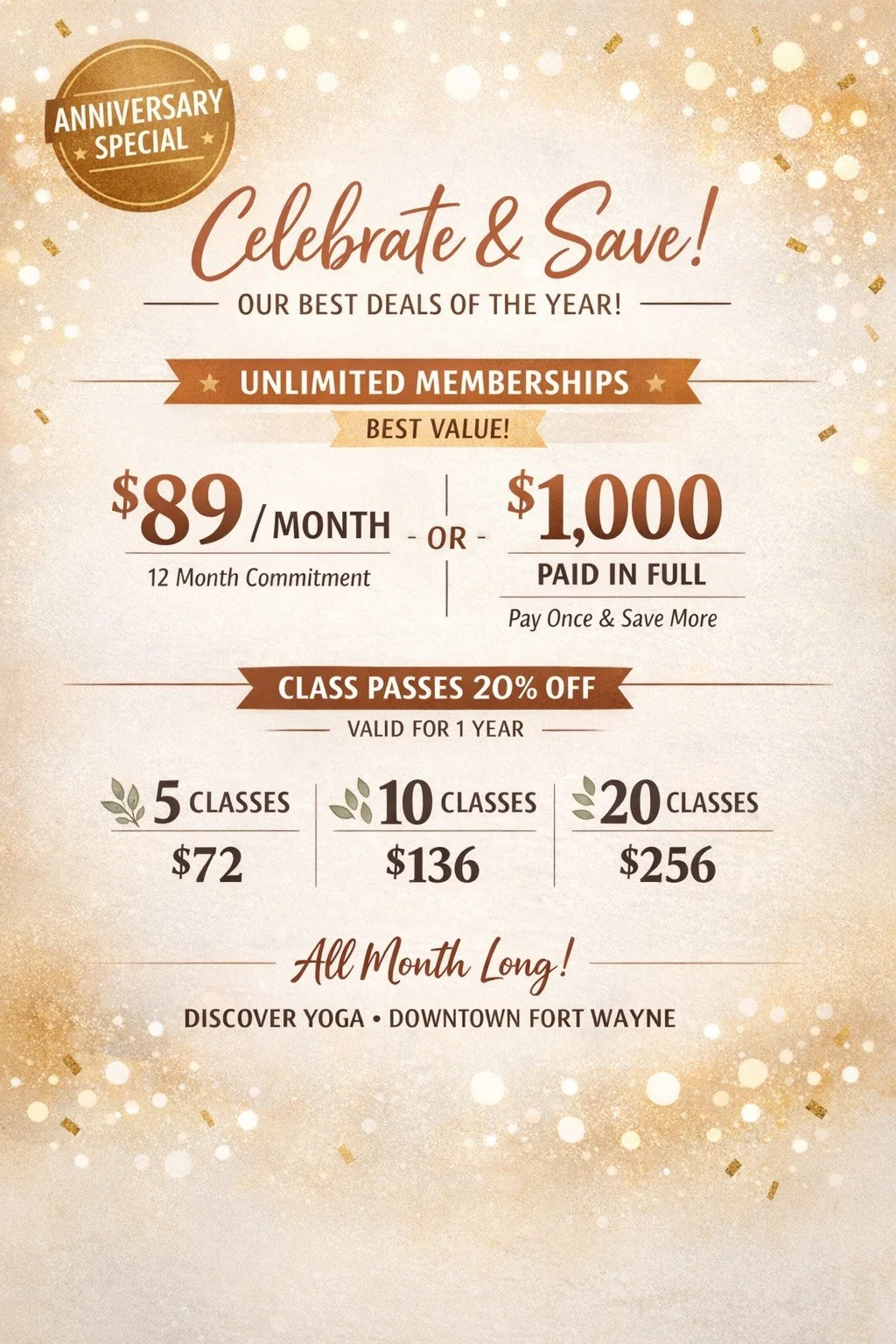 Promotional flyer for a yoga studio with anniversary special offers including monthly unlimited memberships, class pass discounts, and details for downtown Fort Wayne location.