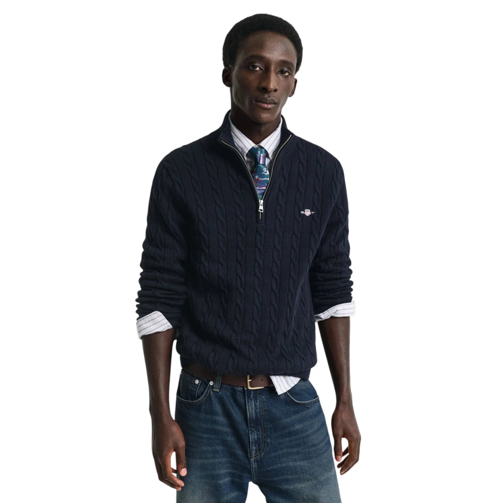 Gant Cotton Cable Half Zip - 8050603 - Evening Blue-Jethwas