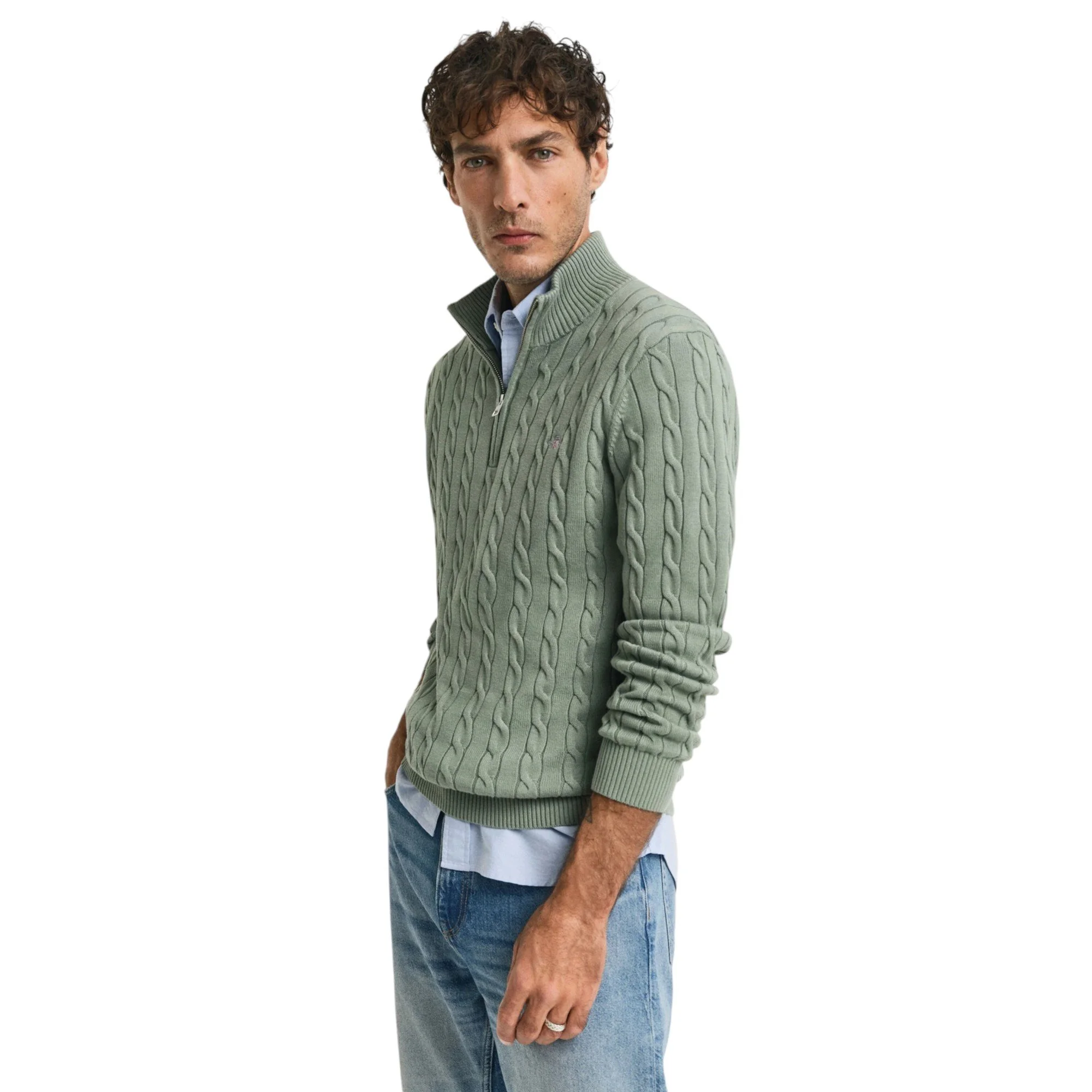 Gant Cotton Cable Half Zip - 8050603 - Khaki Green Mel-Jethwas