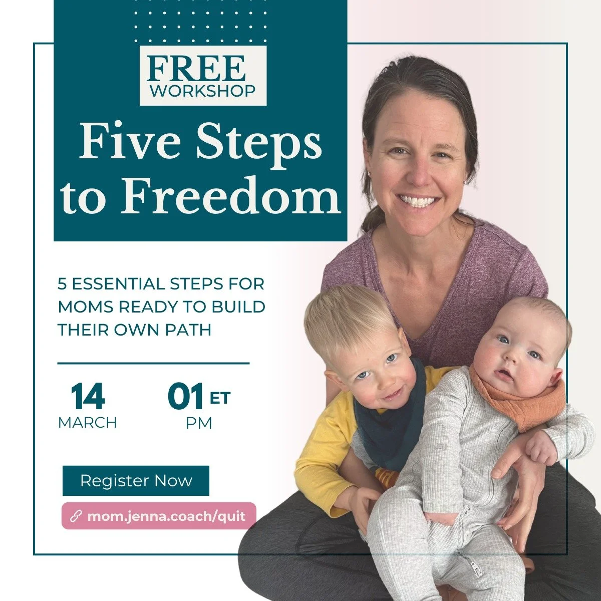 Free Webinar this FRIDAY, March 14th!

How to Quit Your Job: Five Steps to Freedom

Register at mom.jenna.coach/quit or click the link in my bio ⬆️ 

Starting a business isn't just about business strategies.

It's about working through the mental blo